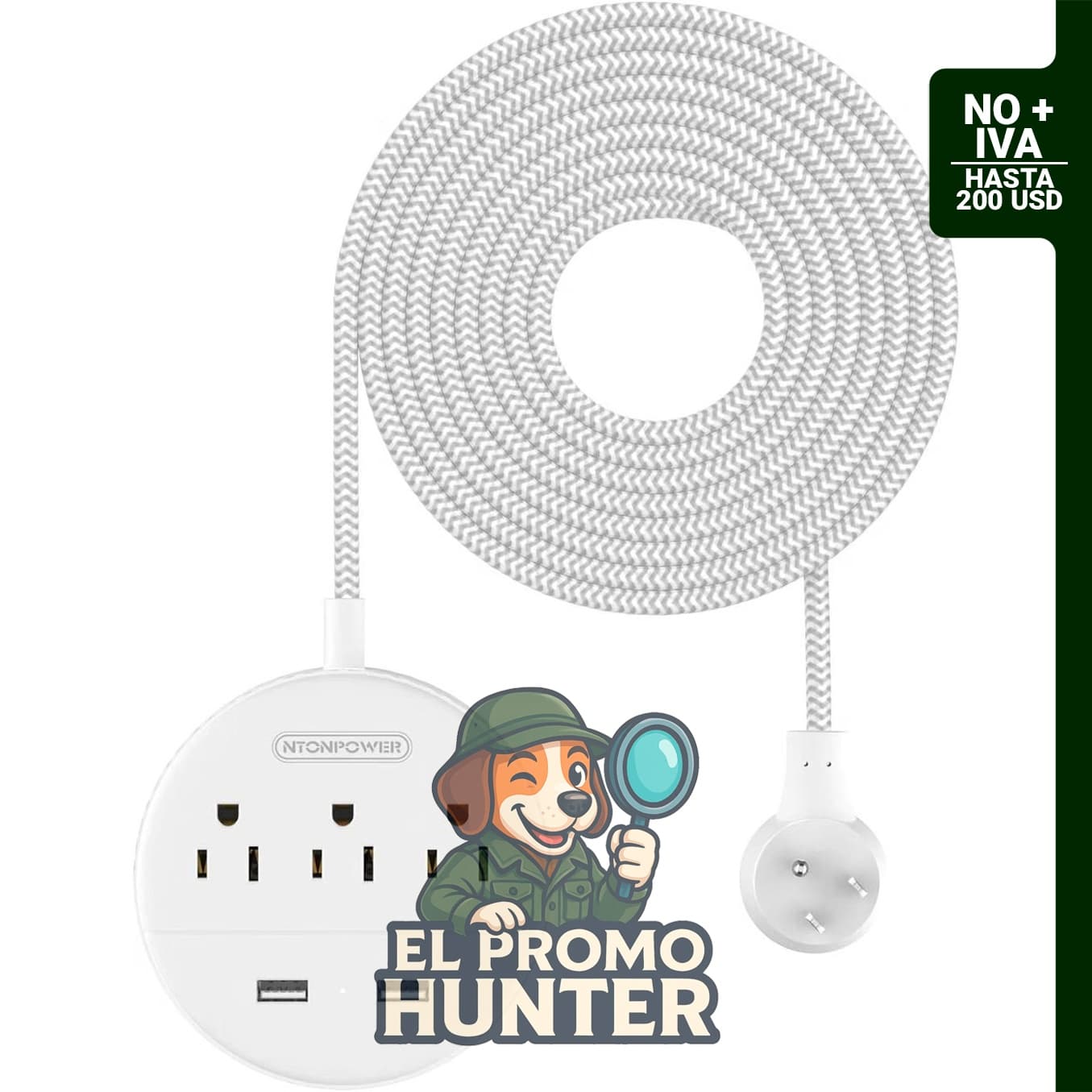NTONPOWER Cable de extensión trenzado de 15 pies con 3 tomas y 2 puertos USB.