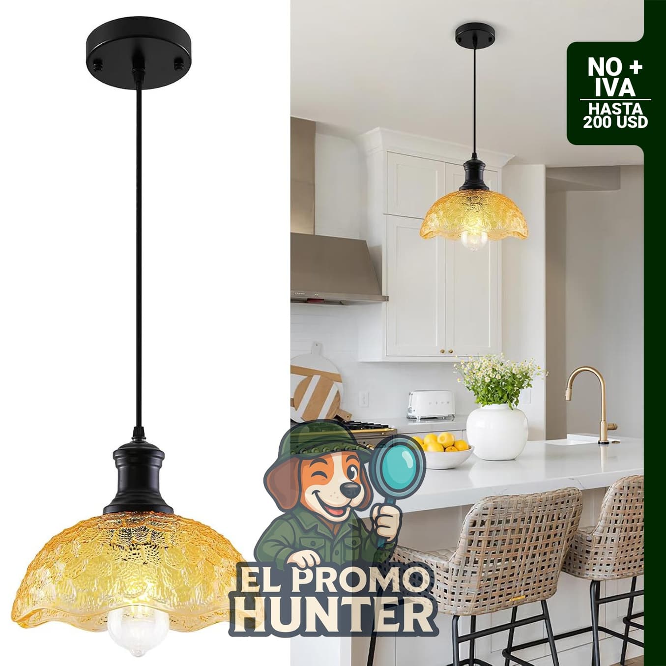 Lámpara colgante ámbar de cristal para iluminación en cocina, comedor, sala de estar y otros espacios.