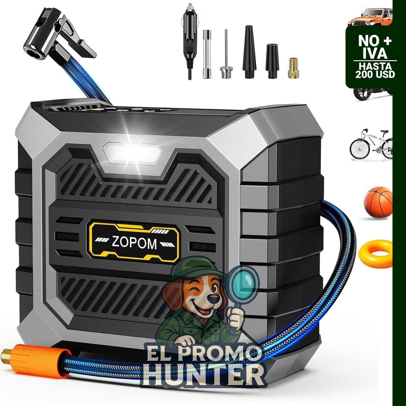 ZOPOM Inflador de neumáticos, compresor de aire portátil DC 12 V con manómetro digital.
