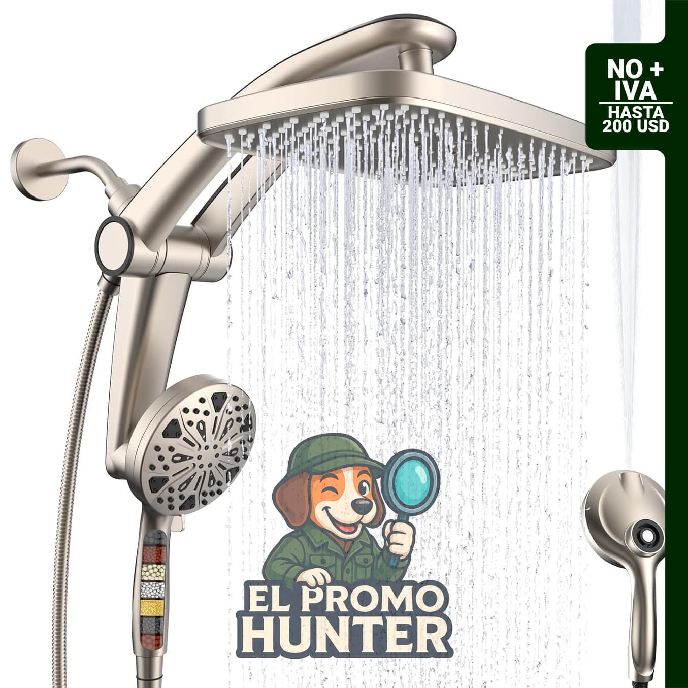 Cabezal de ducha de lluvia con cabezal de ducha de mano filtrado de alta presión, ajustable y con acoplamiento magnético.
