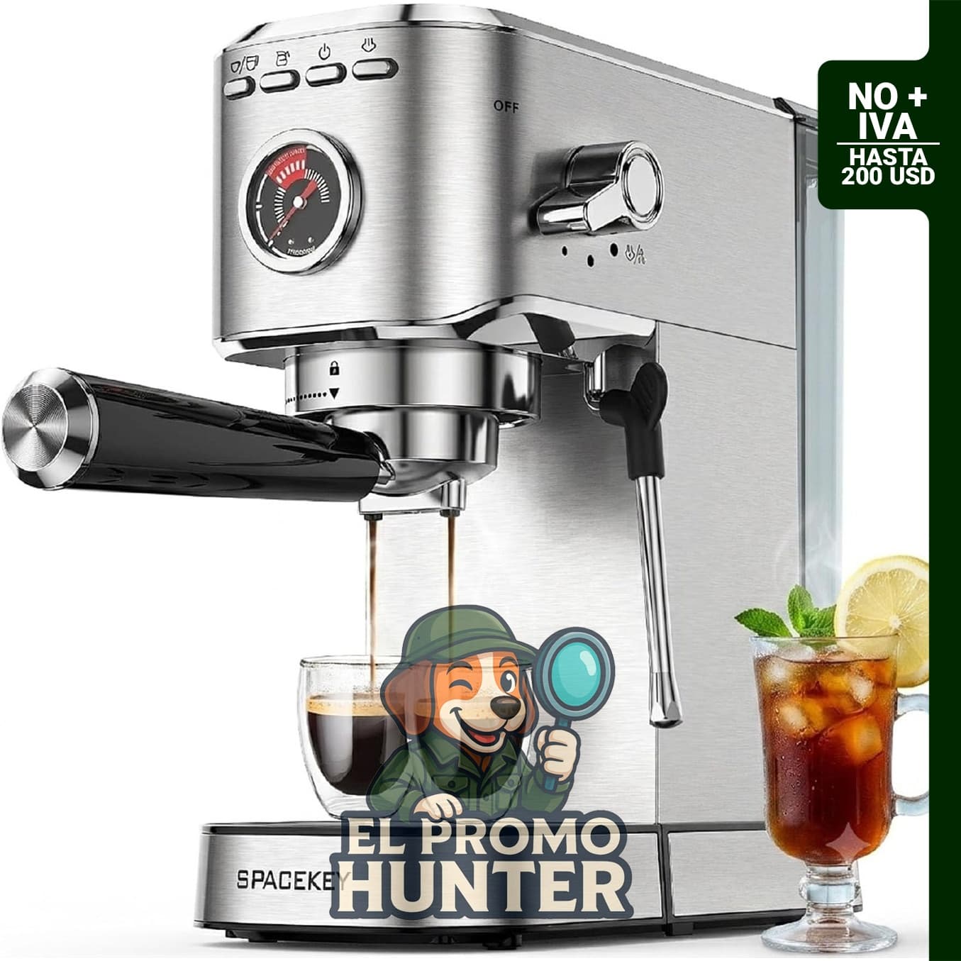 Spacekey Máquina de café expreso con espumador de leche, 20 bares, acero inoxidable, tanque de agua extraíble de 1.15 L.