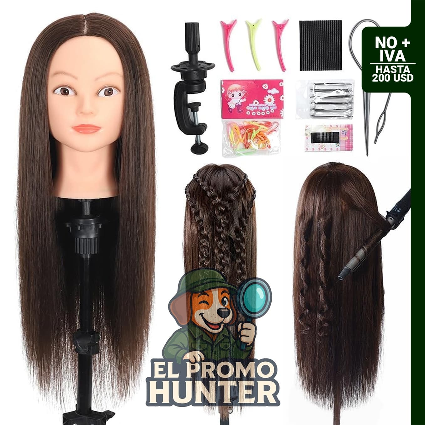 Cabeza de maniquí de cosmetología con 80% cabello humano real, 66-71 cm.