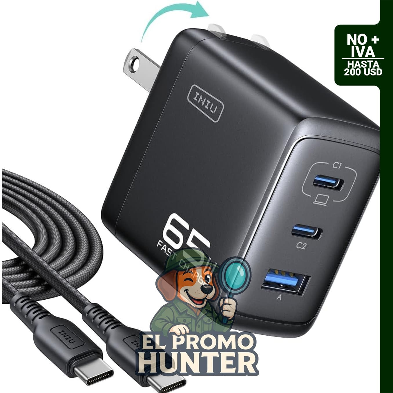 Cargador para portátil INIU de 65W, bloque de carga rápida.