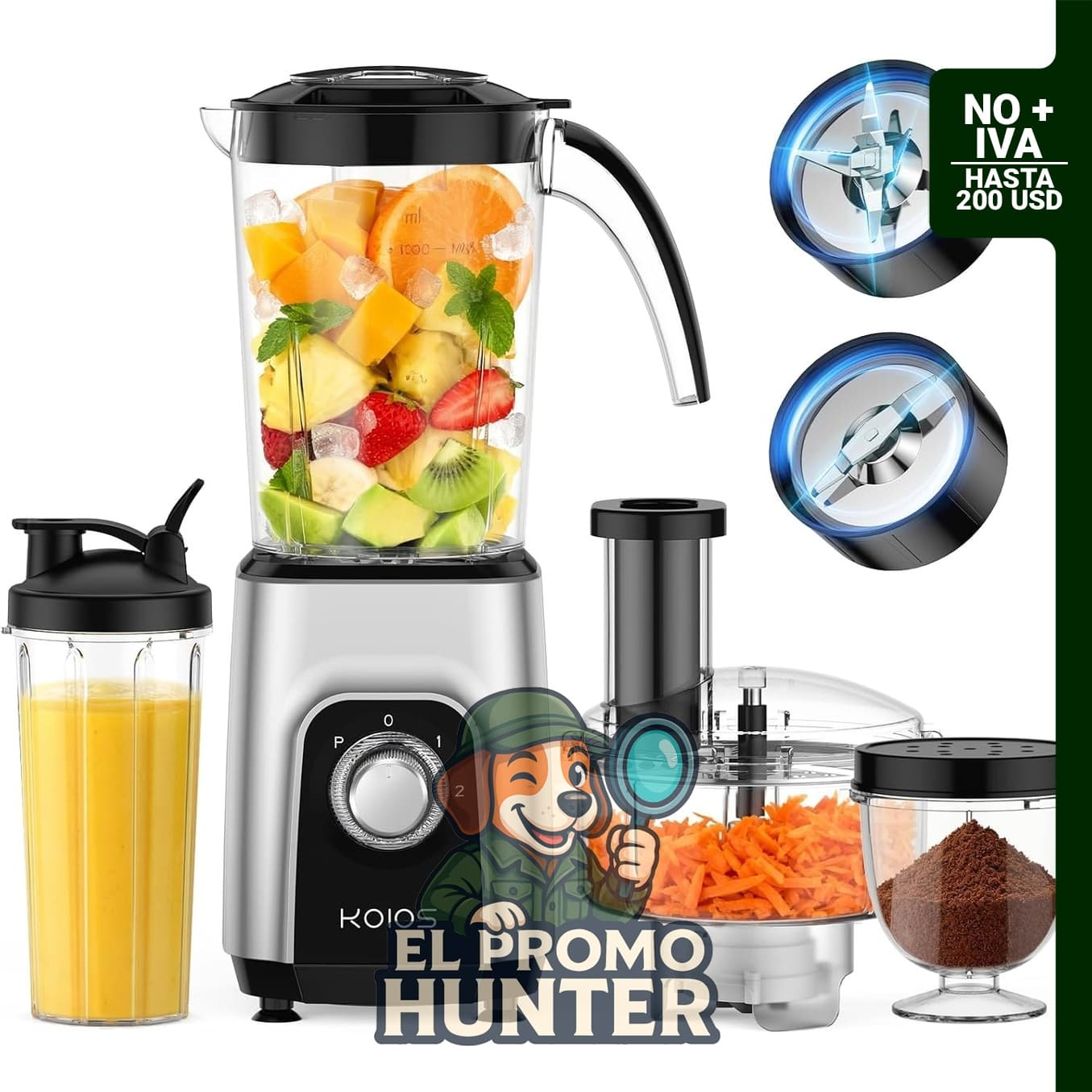 KOIOS Mezcladora/procesador de alimentos 4 en 1 Combo Max 1000W.
