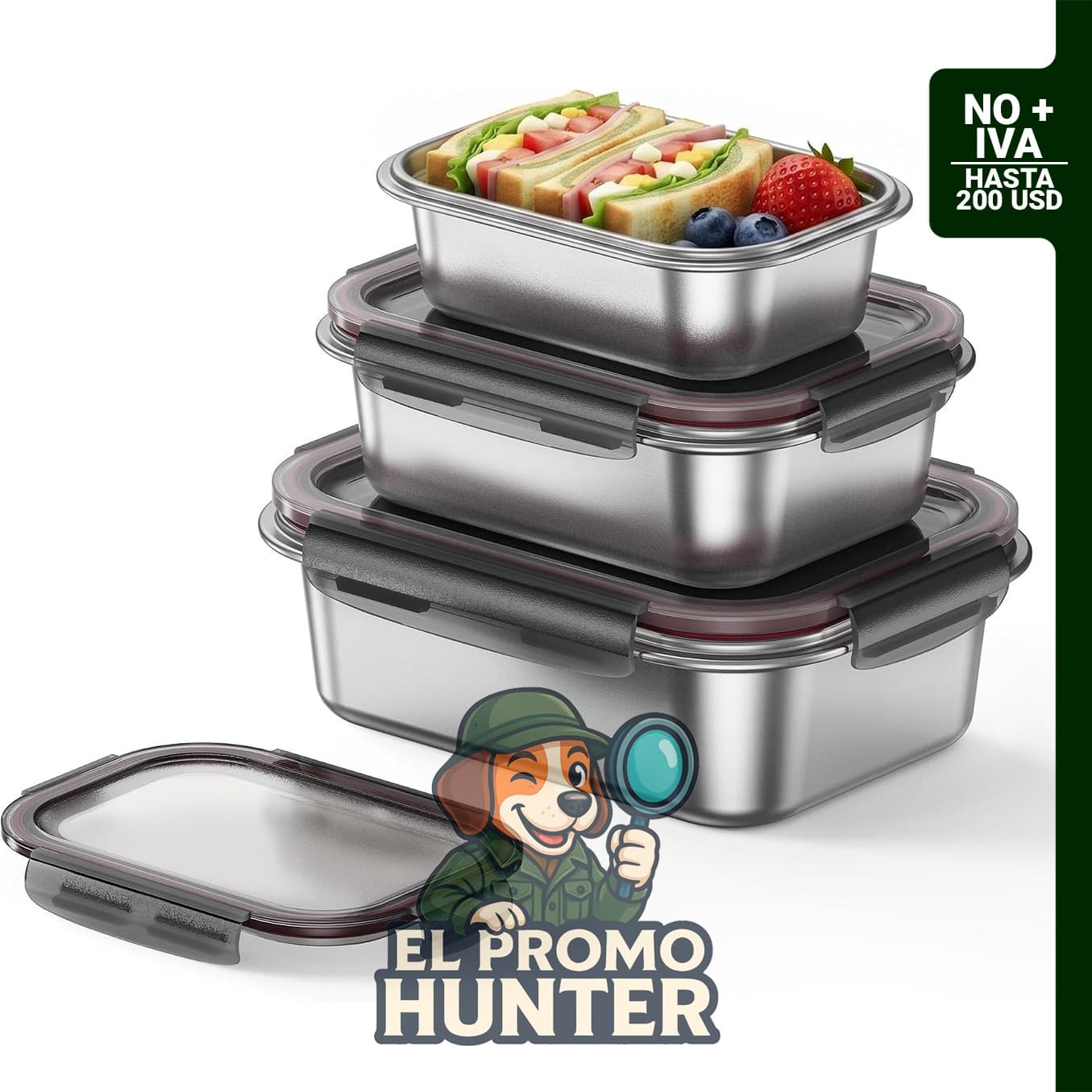 Paquete de 3 recipientes de sándwich de acero inoxidable sin BPA.