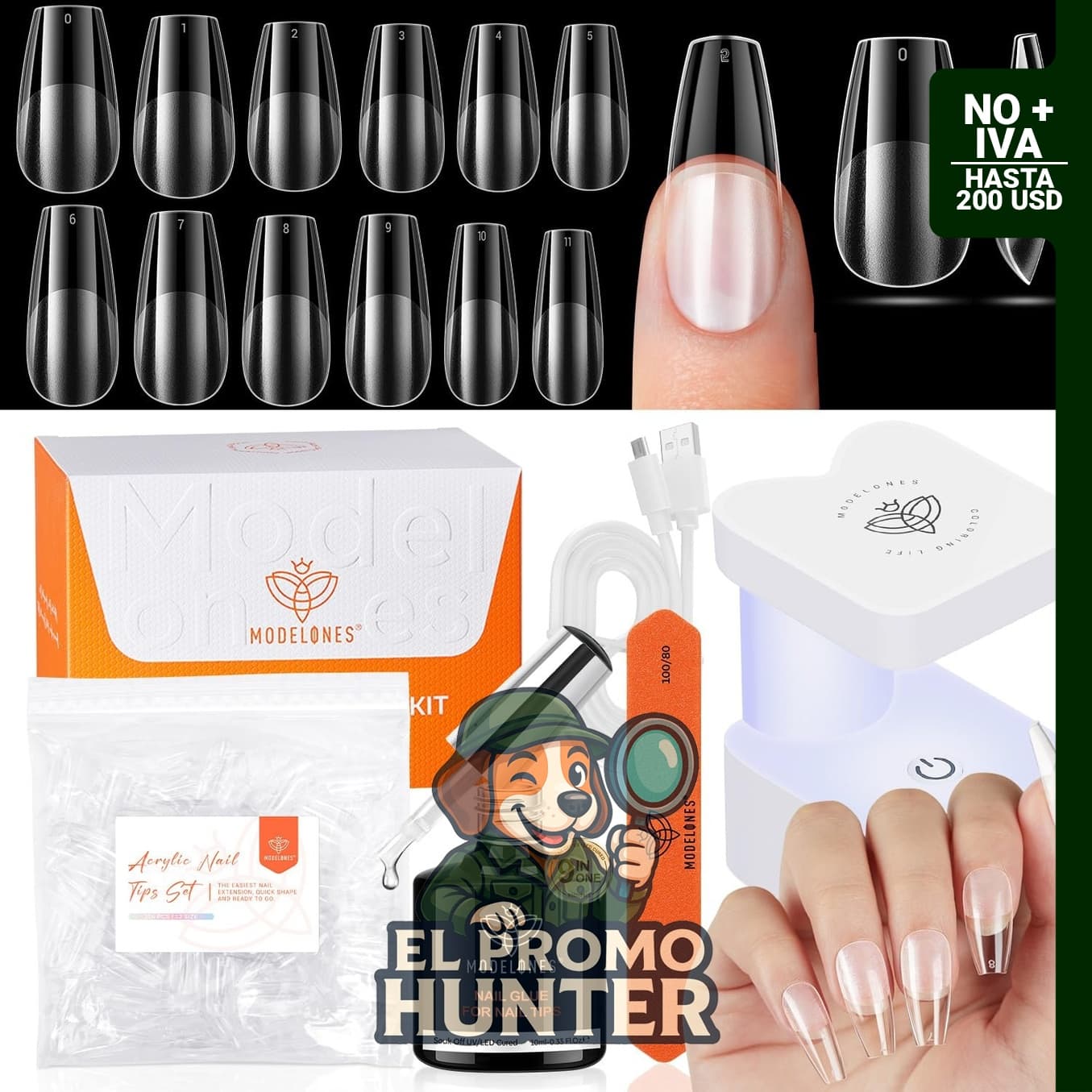 Kit de puntas de uñas de gel en forma de ataúd mediano con pegamento 9 en 1 y lámpara UV portátil.