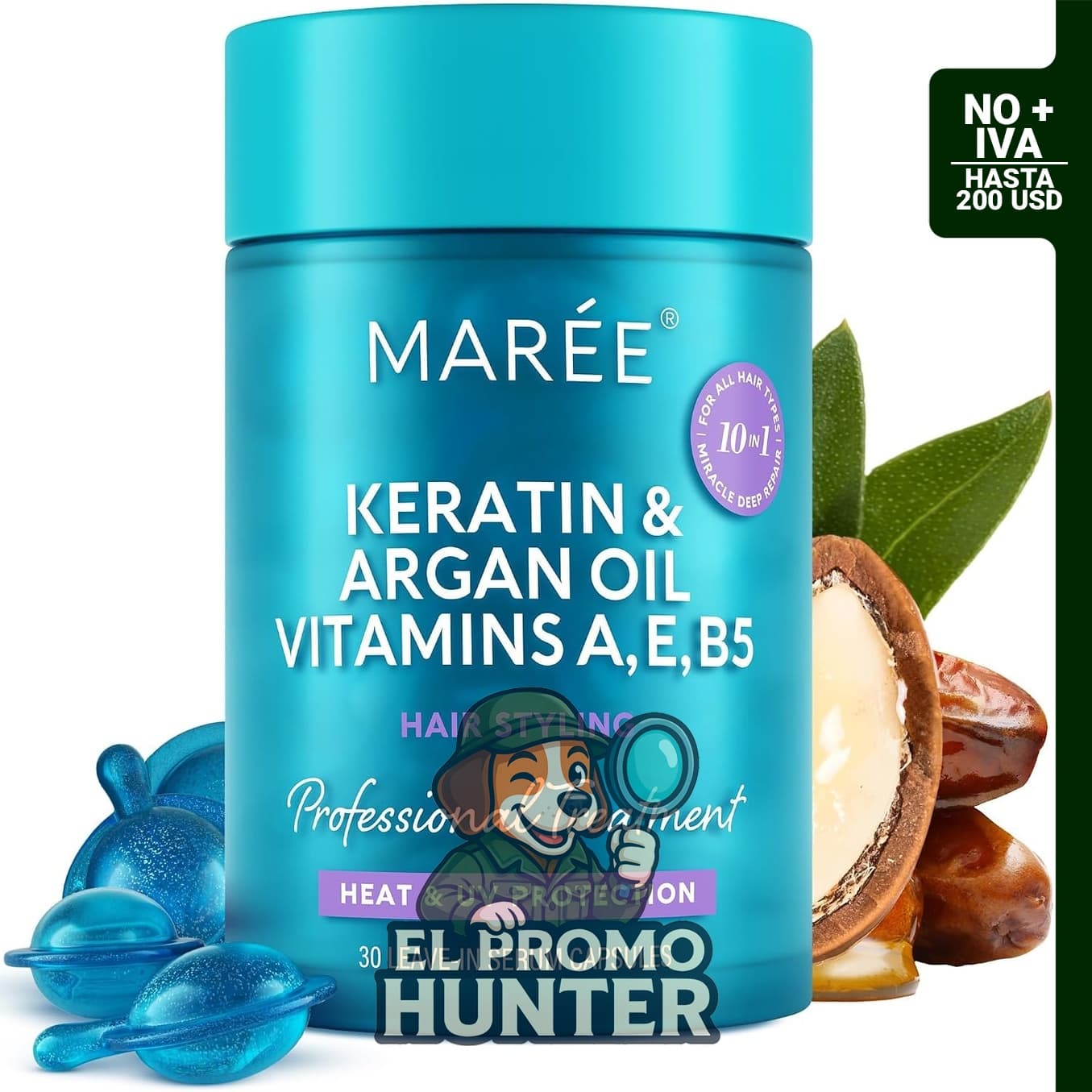 Aceite para el cabello MAREE con keratina, vitaminas, jojoba y argán, en cápsulas.