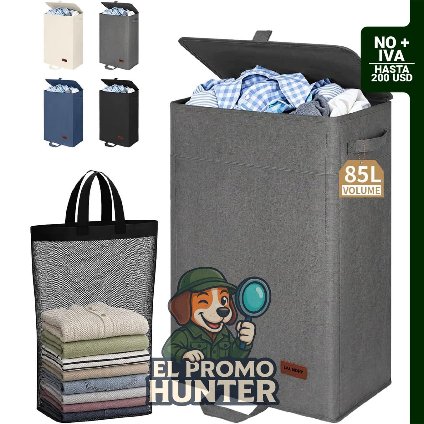 Cesto de ropa sucia de 85L con tapa, color gris.