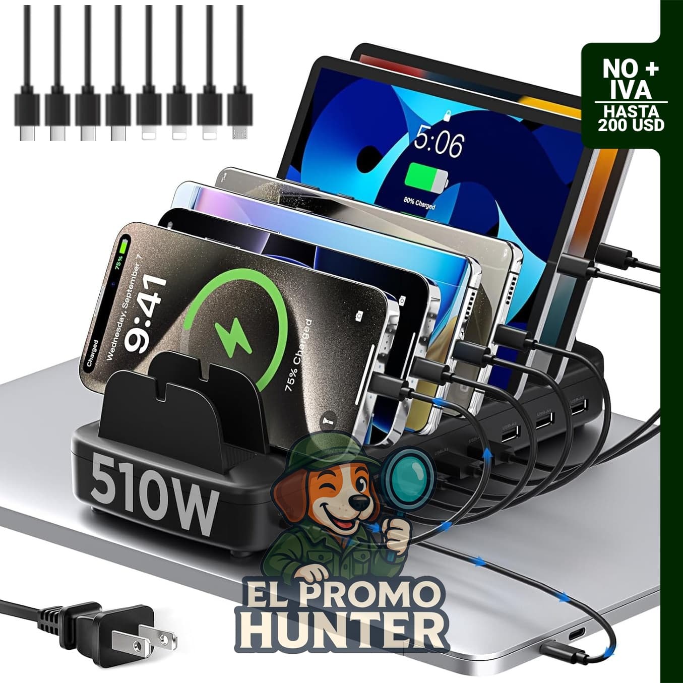 Estación de carga rápida de 510W con 10 puertos USB C y 8 cables para dispositivos móviles.