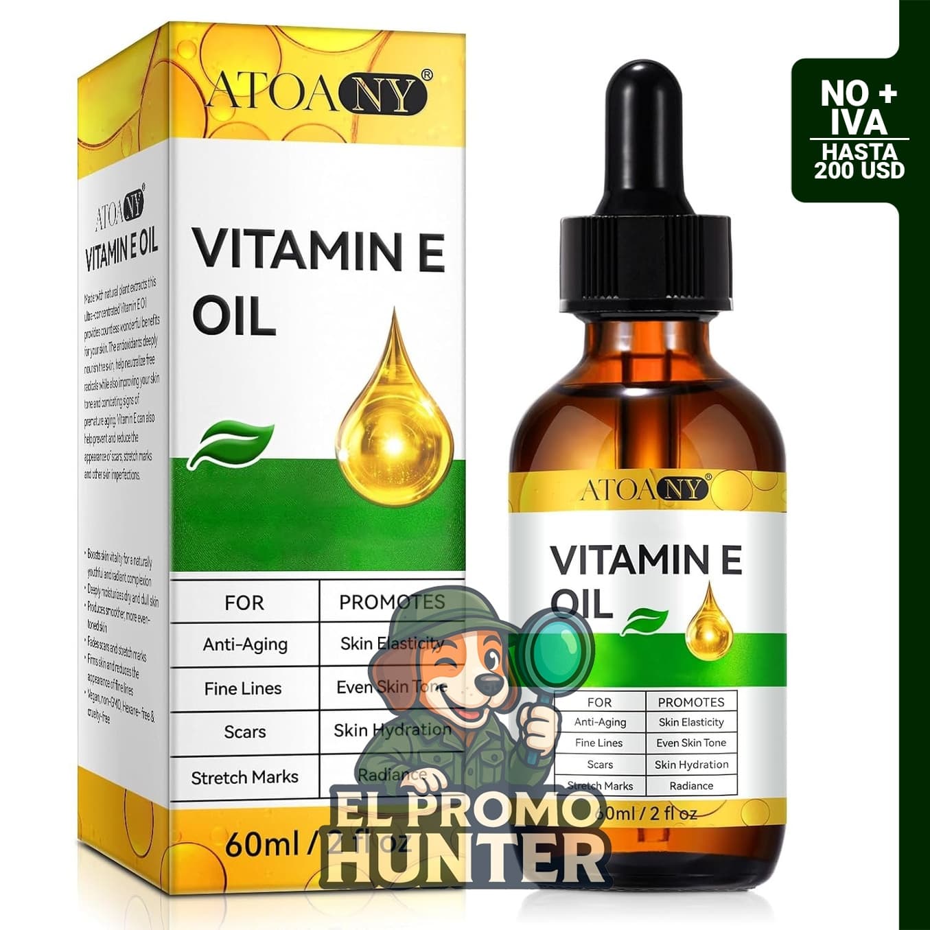Aceite de vitamina E 100% puro de 75,000 UI en 59 ml, adecuado para piel, cabello y cuerpo.