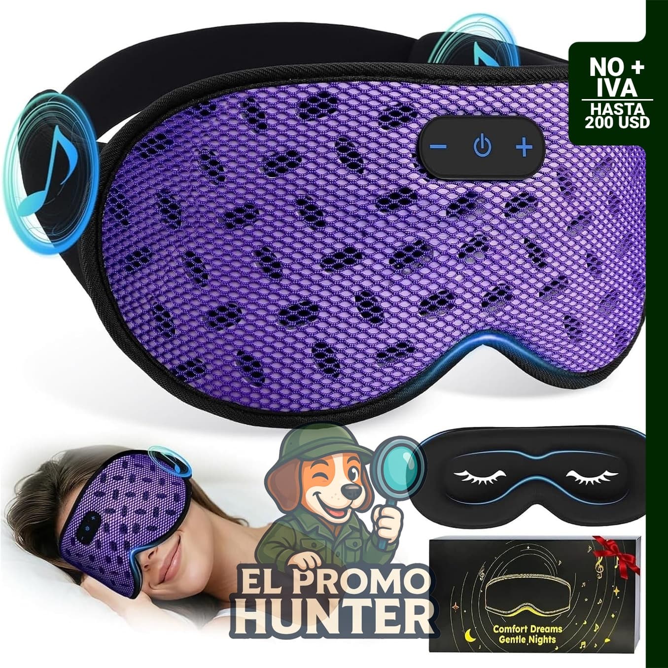 Máscara de ojos para dormir con Bluetooth, 3D contorneado, 100% opaca y transpirable.