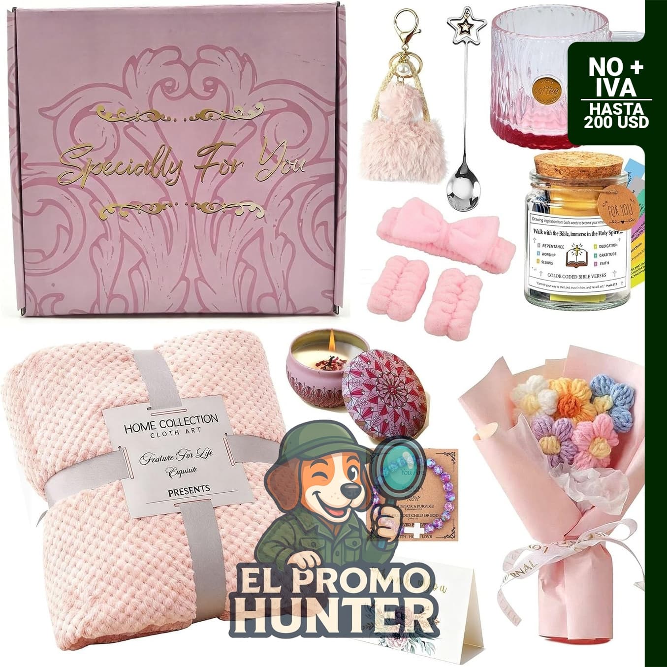 Juego de regalos de cumpleaños HJOCMLE para mujer, incluye manta, vaso, vela, máscara para dormir y ramo.