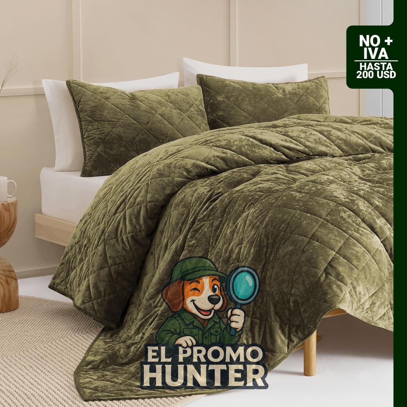 Juego de ropa de cama Wonderful de terciopelo tamaño Queen en verde oliva, incluye edredón ligero y fundas.