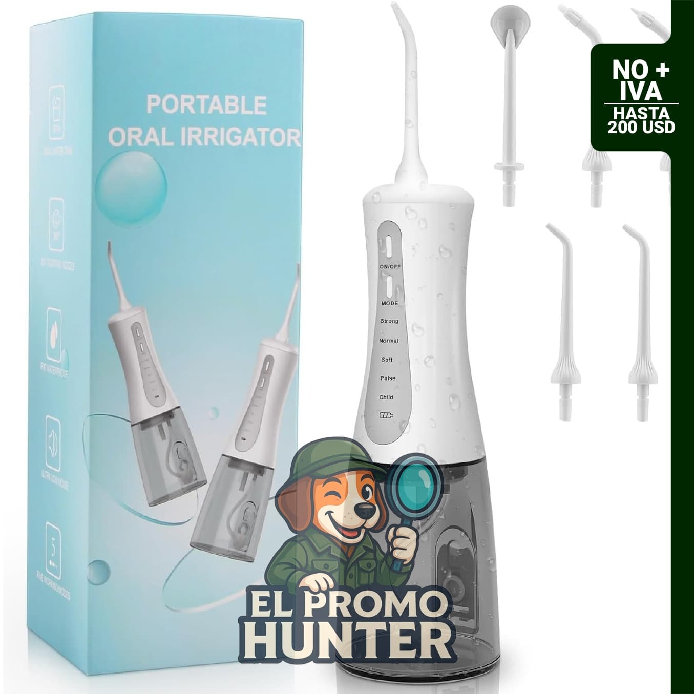 Irrigador bucal inalámbrico portátil recargable, impermeable IPX7, con 5 modos.