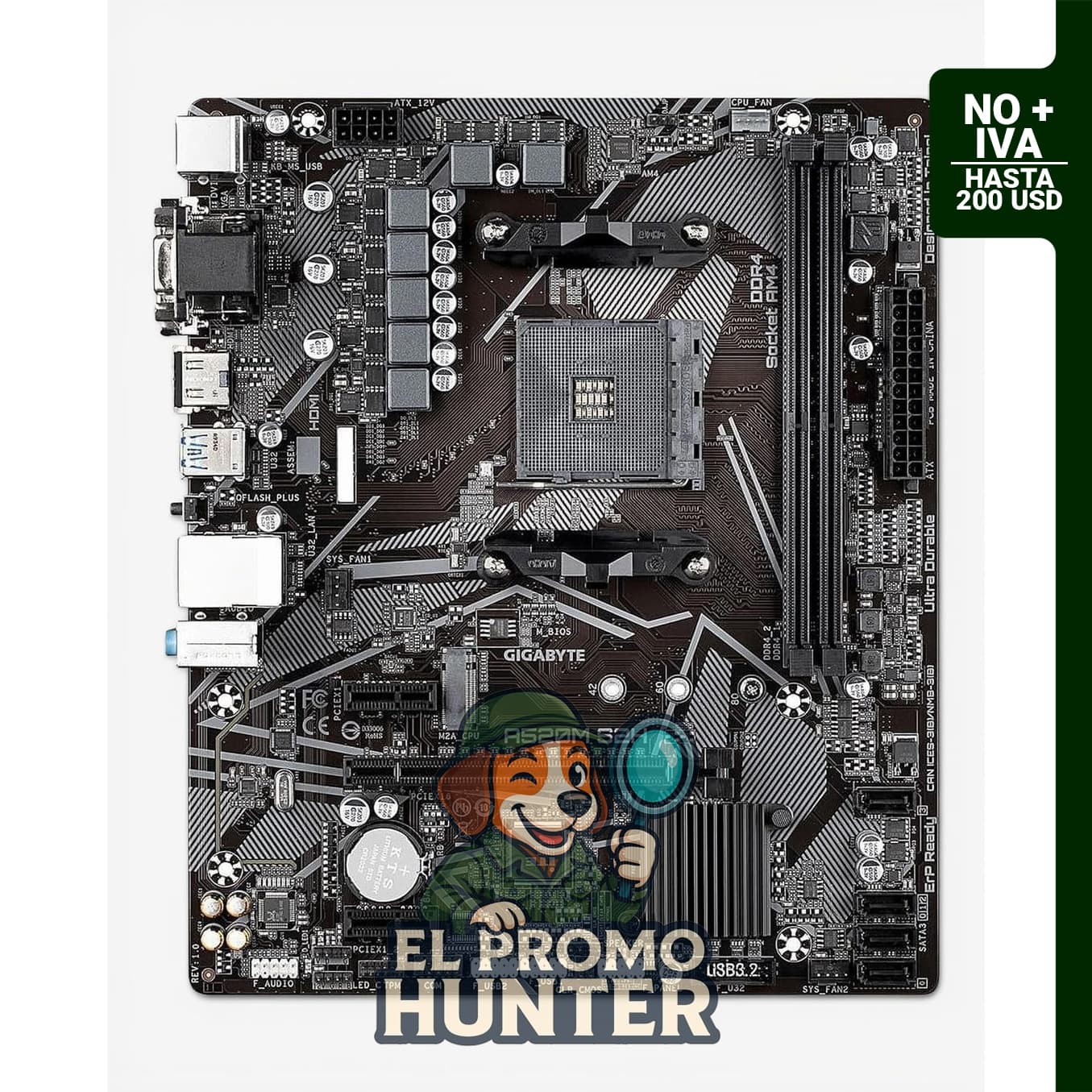 Placa base Gigabyte A520M S2H para procesadores AMD Ryzen AM4, formato MicroATX, con 4+3 fases digitales PWM.