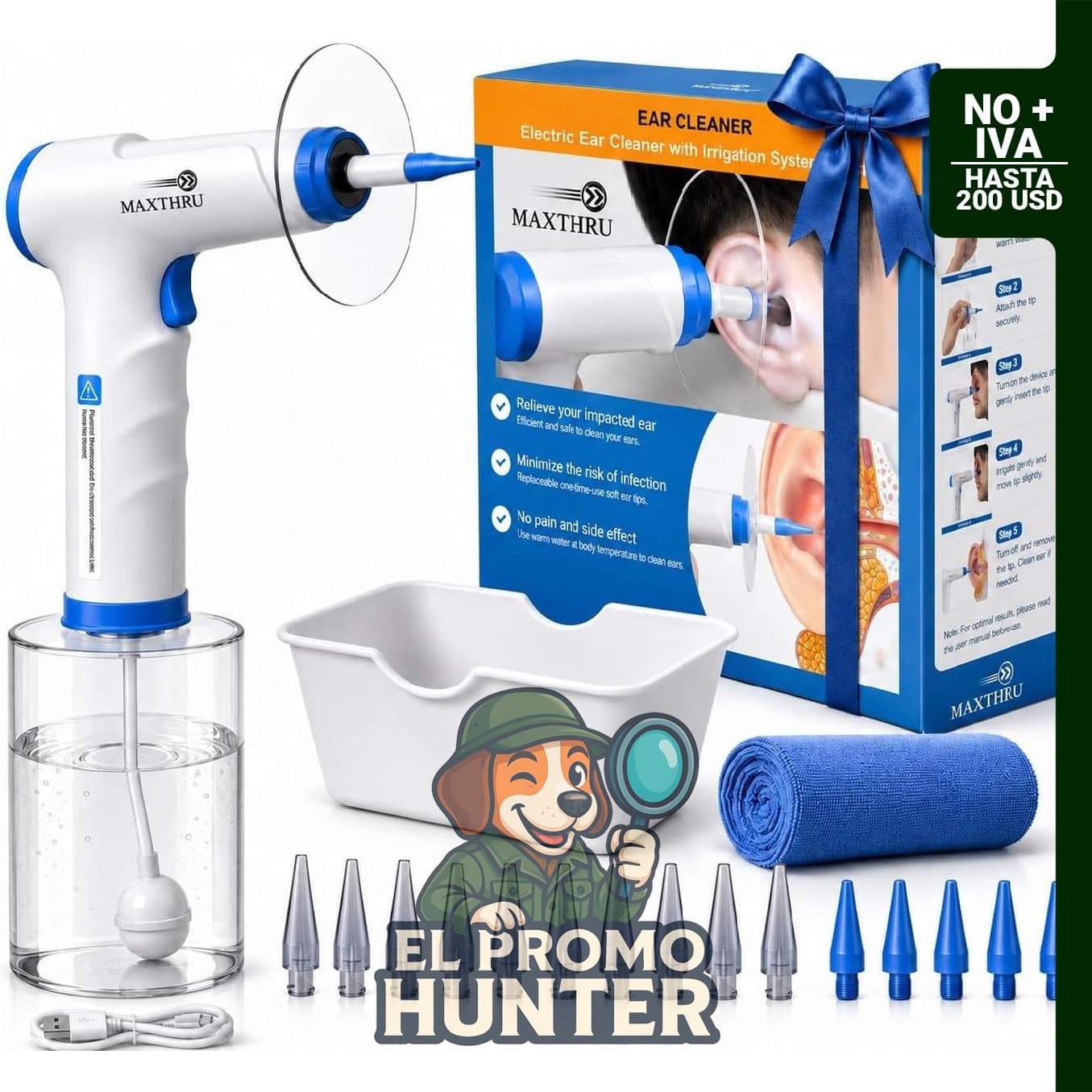 Kit eléctrico de eliminación de cera de oído MAXTHRU, recargable, 4 modos, luz LED, incluye 15 boquillas.