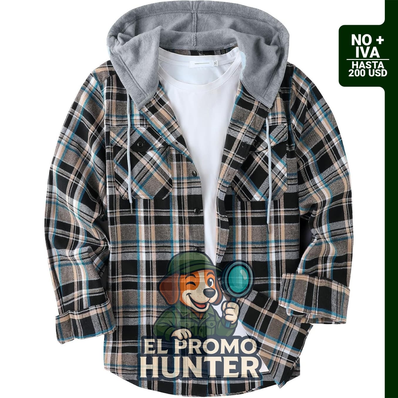 Camisa de franela para hombre con capucha, abotonada y de manga larga, diseño a cuadros.