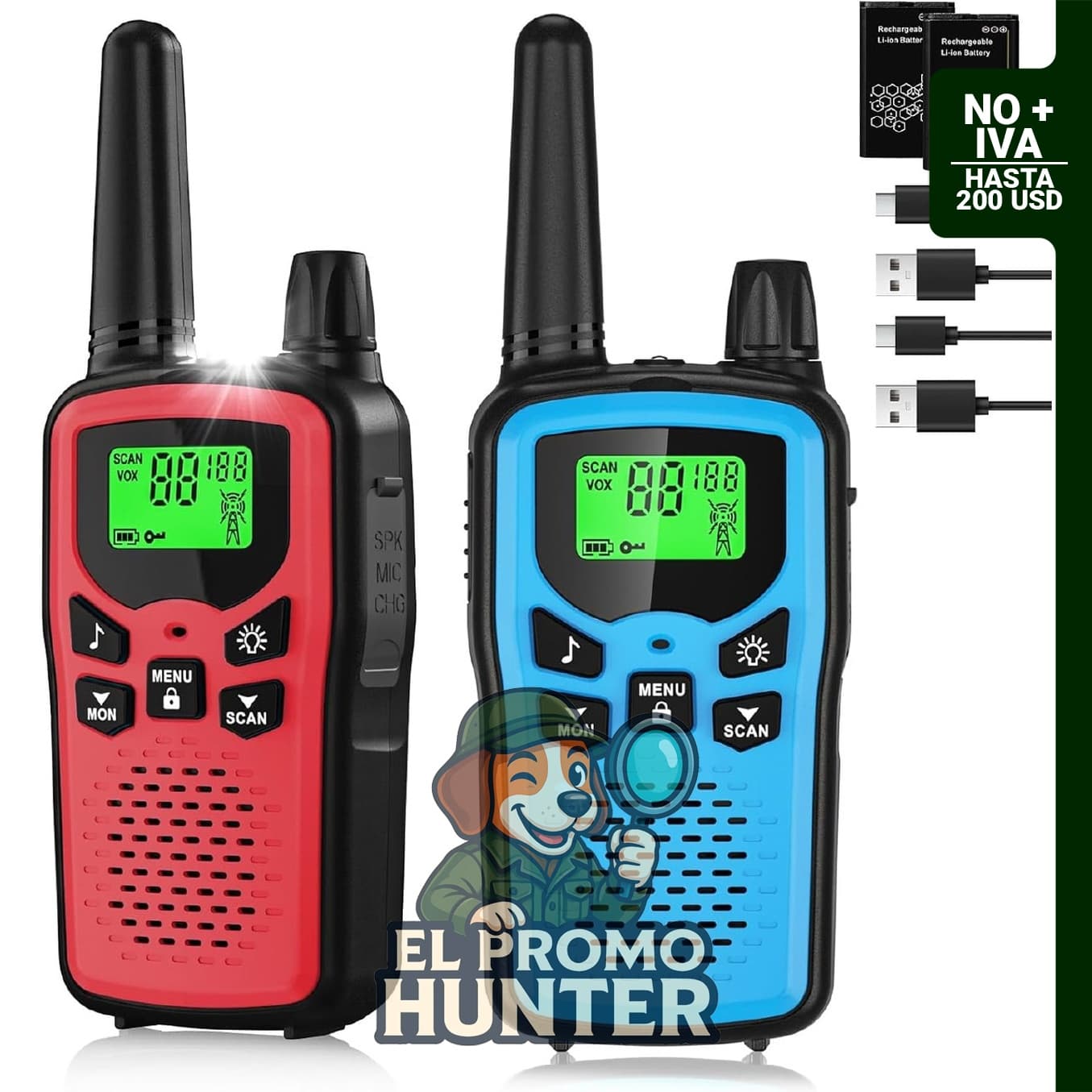 Walkie Talkies recargables de largo alcance con 22 canales FRS y batería de iones de litio de 1200 mAh.