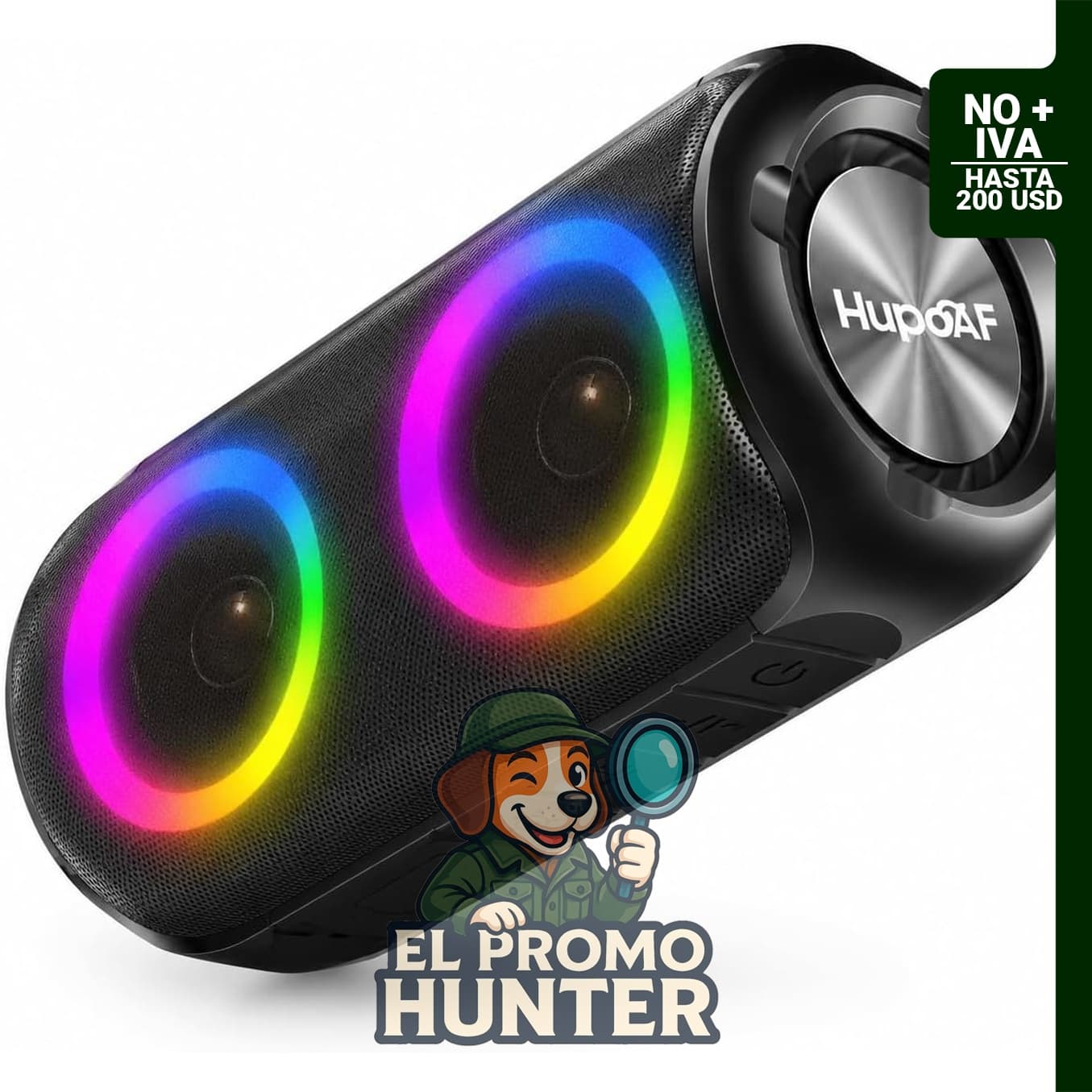 Hupoaf Altavoz Bluetooth portátil, IPX7 impermeable, sonido 6D, luces RGB, 12 horas de reproducción.