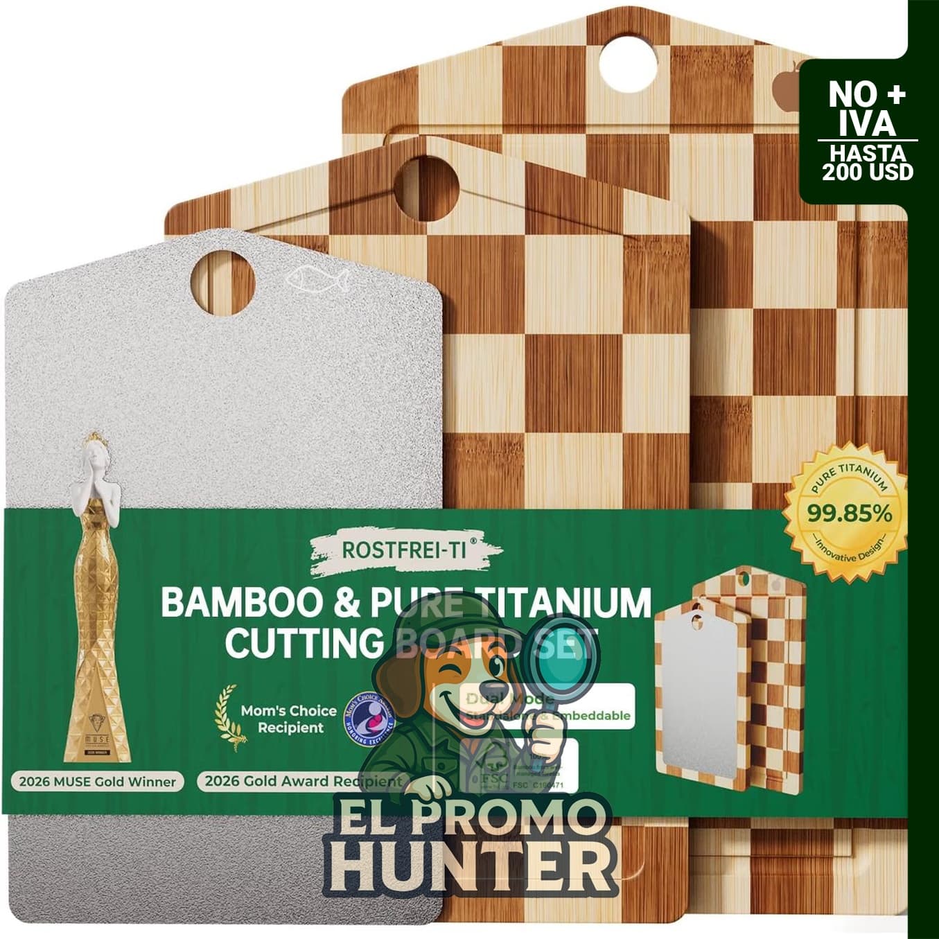 Tabla de cortar de titanio puro y set de tablas de cortar de bambú para cocina.