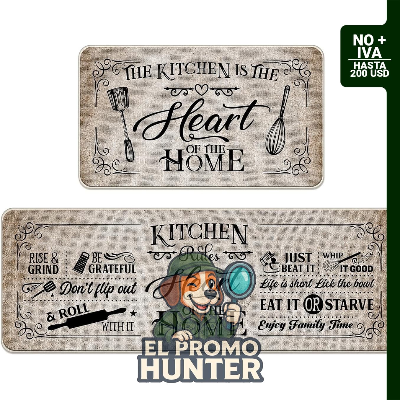 Juego de 2 alfombras de cocina Kitchen Rules con diseño de corazón, 17 x 29 in (43 x 74 cm) y 17 x 47 in (43 x 119 cm).