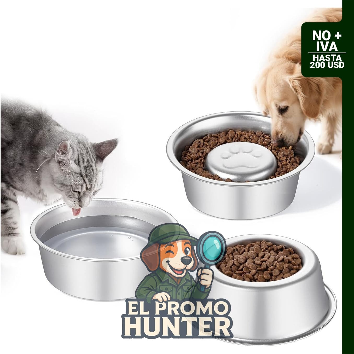 Cuencos de acero inoxidable para mascotas, antideslizantes y fáciles de limpiar.