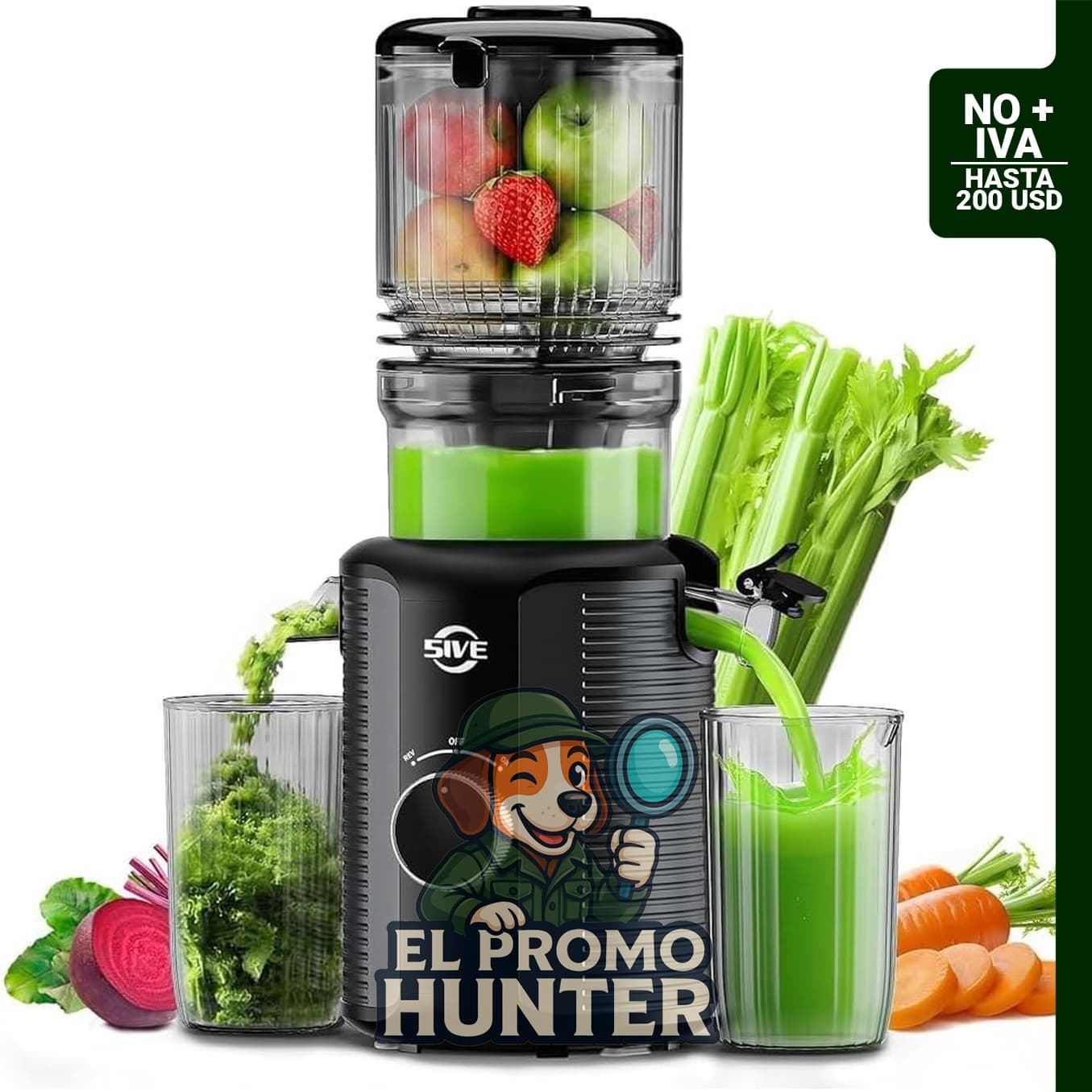 Exprimidor de prensa en frío de 1.2 L, canal de 5 pulgadas para frutas y verduras enteras.