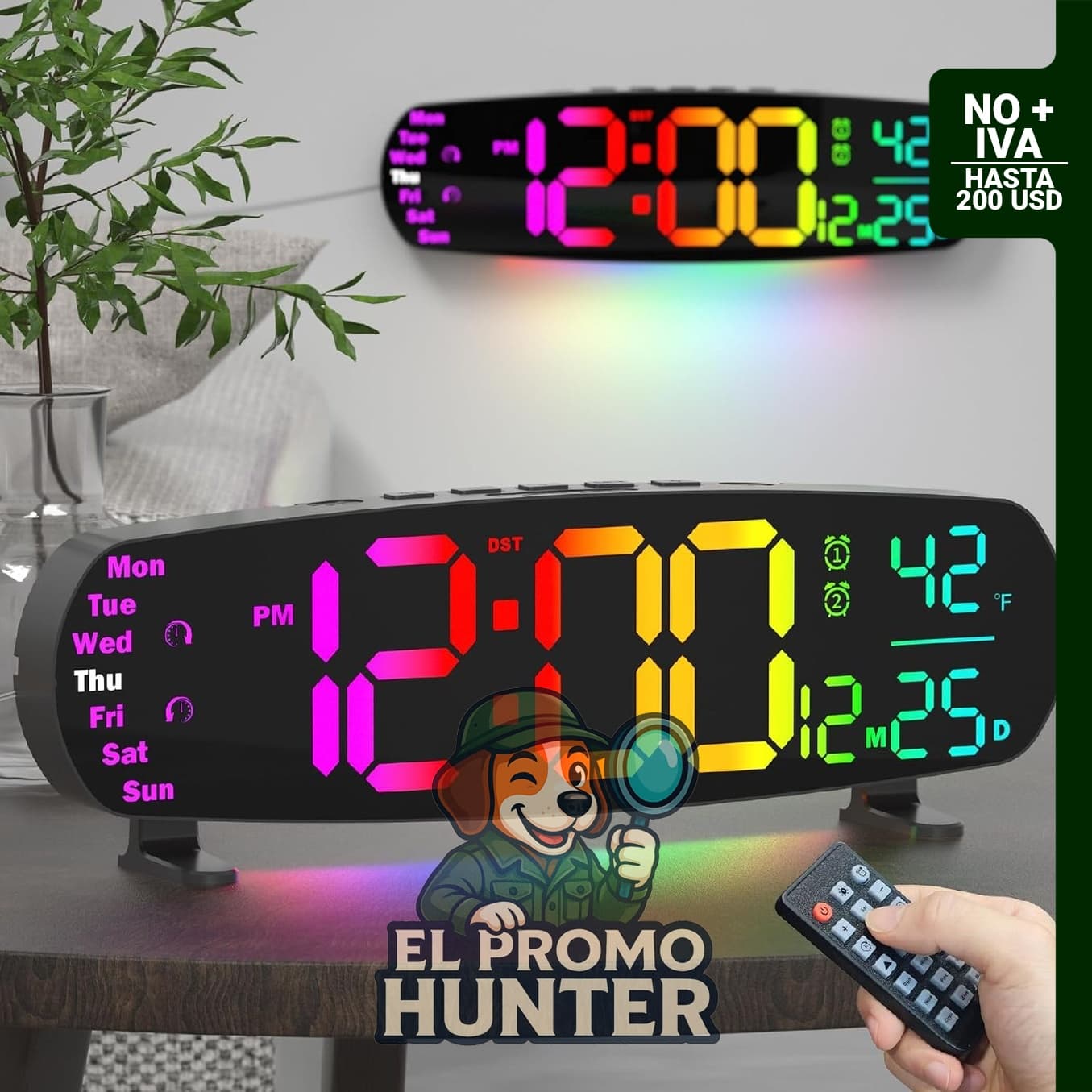 Reloj de pared digital de 13.7" (35 cm) con temperatura, 11 colores RGB, alarmas y control remoto.