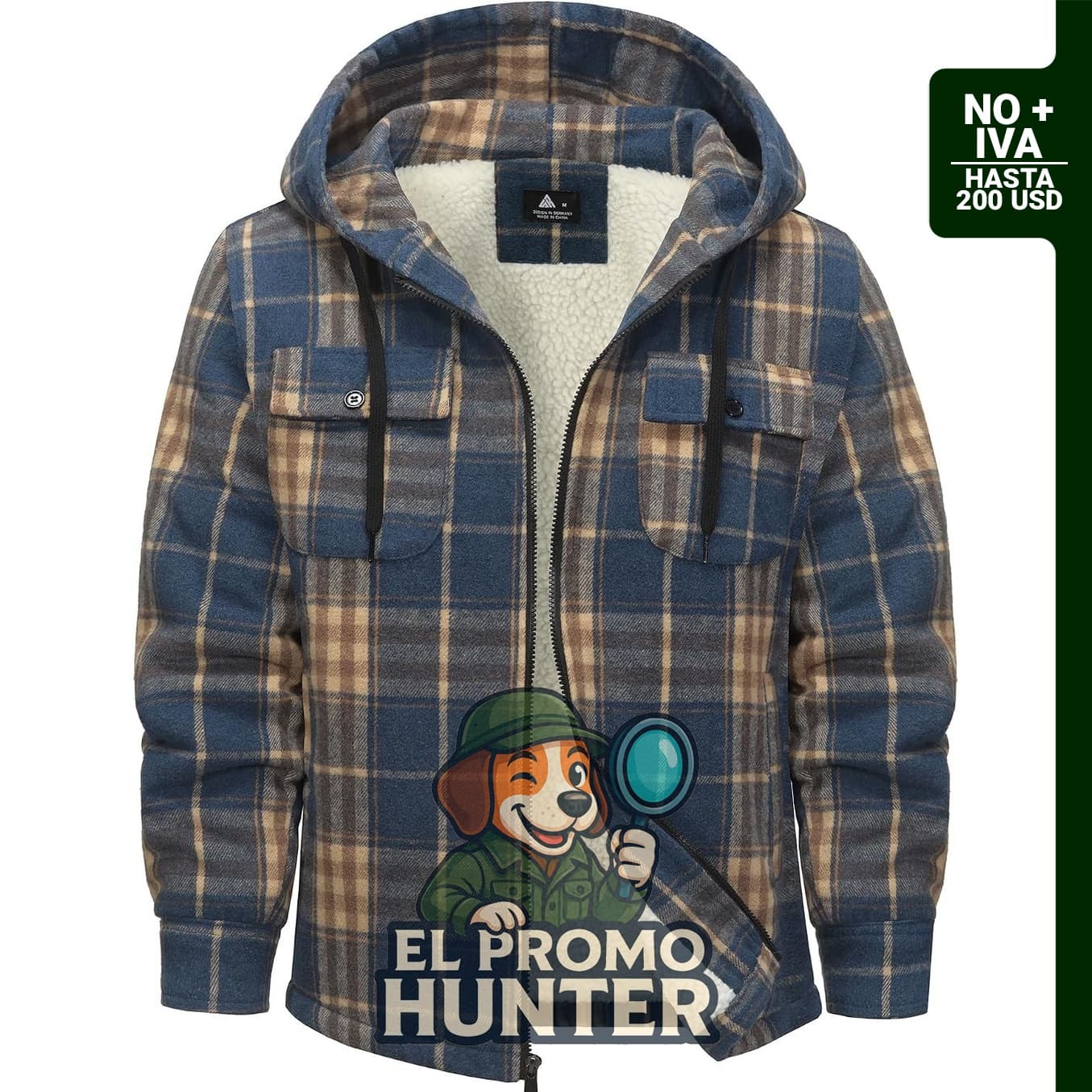 Chaqueta de franela con capucha y forro sherpa para hombre.