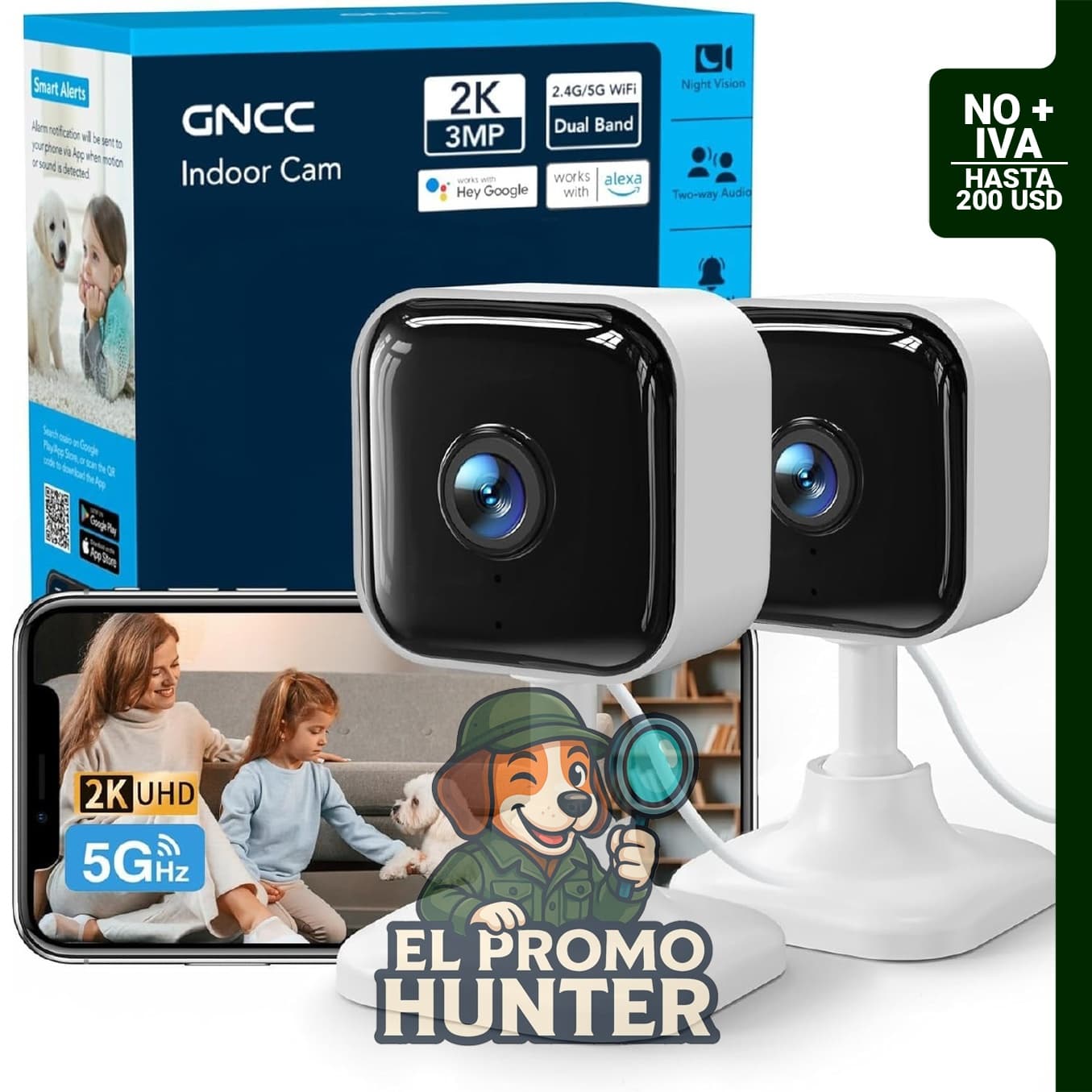 GNCC Cámara interior 2K para seguridad en el hogar con conectividad 5G/2.4G WiFi.