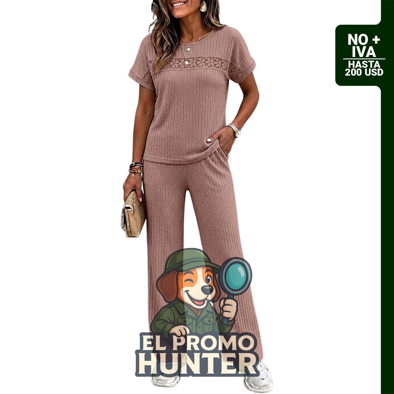 Conjunto de 2 piezas de punto acanalado para mujer con bolsillos.