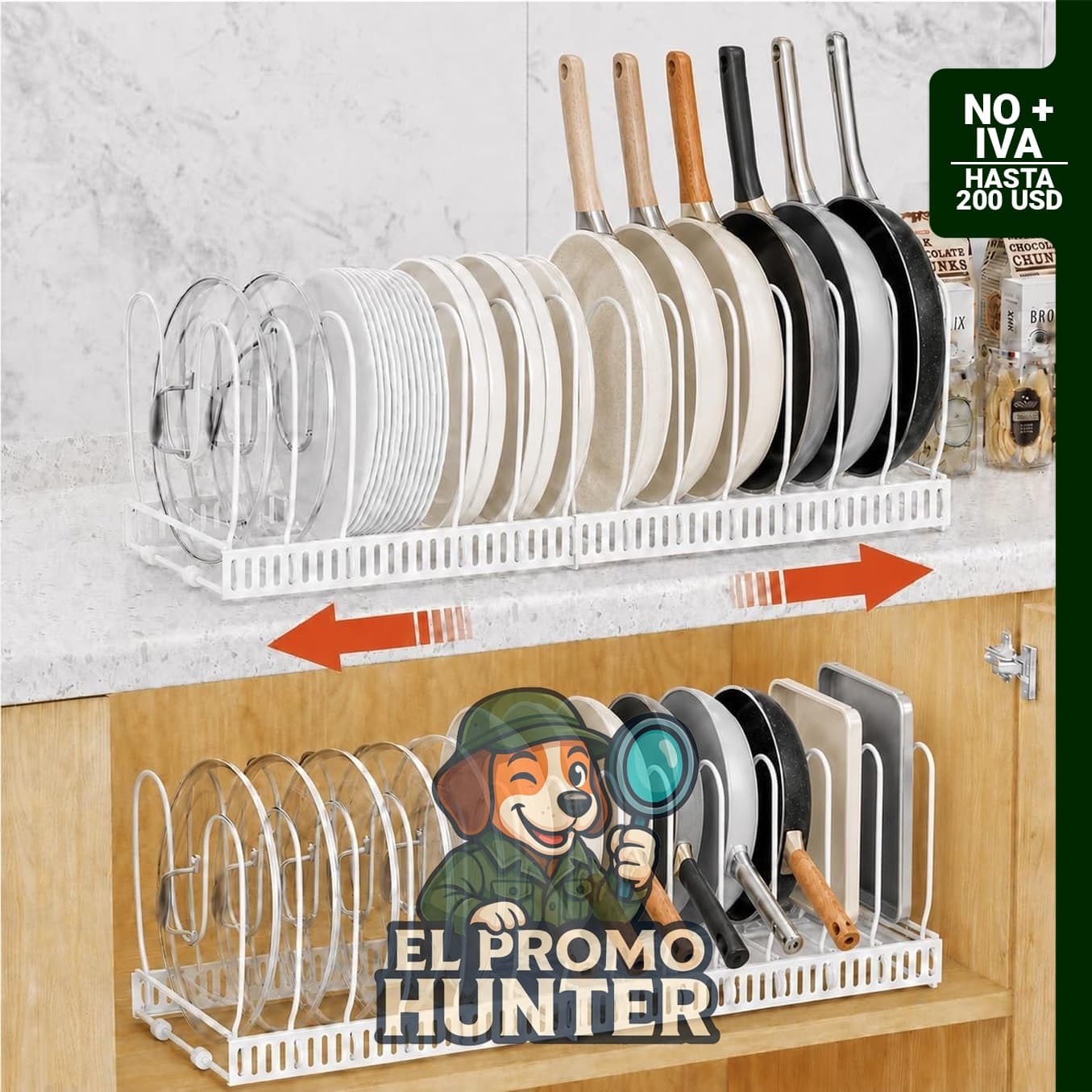 Organizador de ollas y sartenes TIVMIK, soporte expandible para tapas en gabinete de cocina.