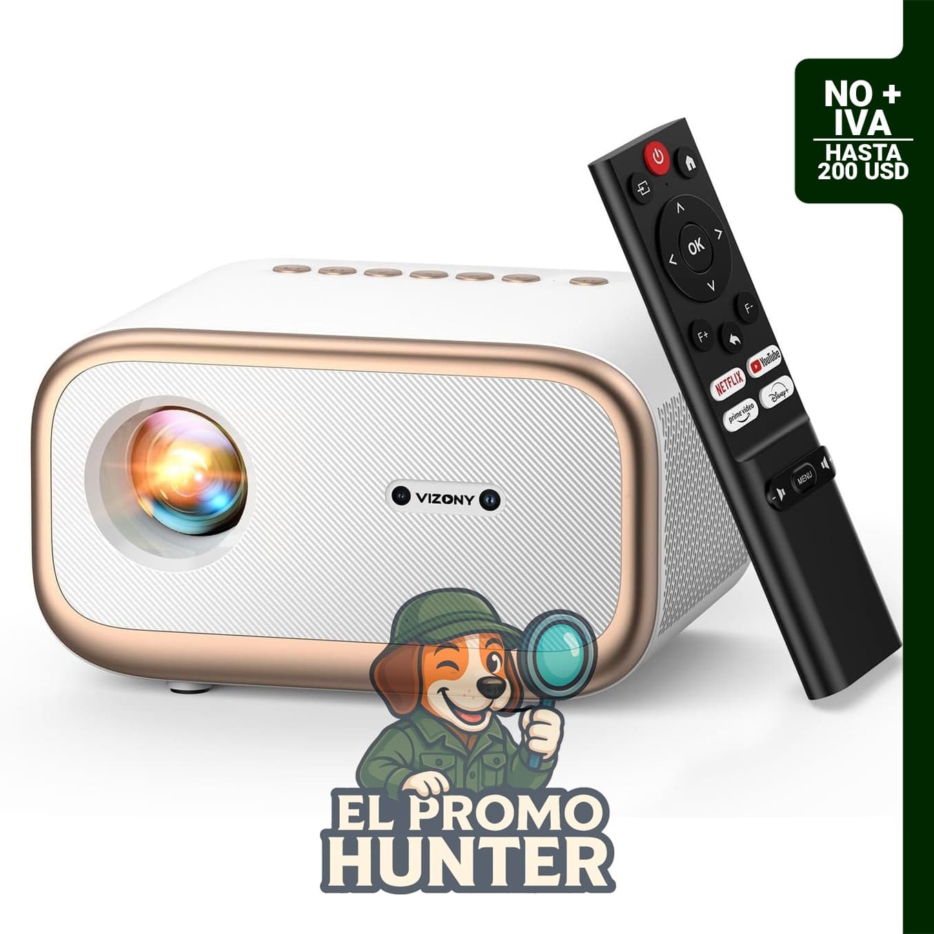 VIZONY Proyector inteligente nativo 1080P con WiFi 6 y Bluetooth, enfoque automático y Keystone.