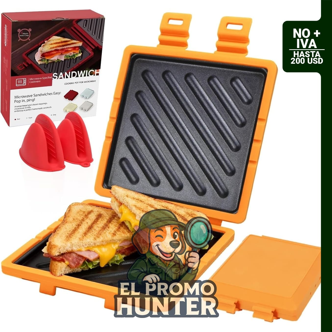 Sandwichera para microondas, tostadora con correa de silicona ajustable y superficie antiadherente.