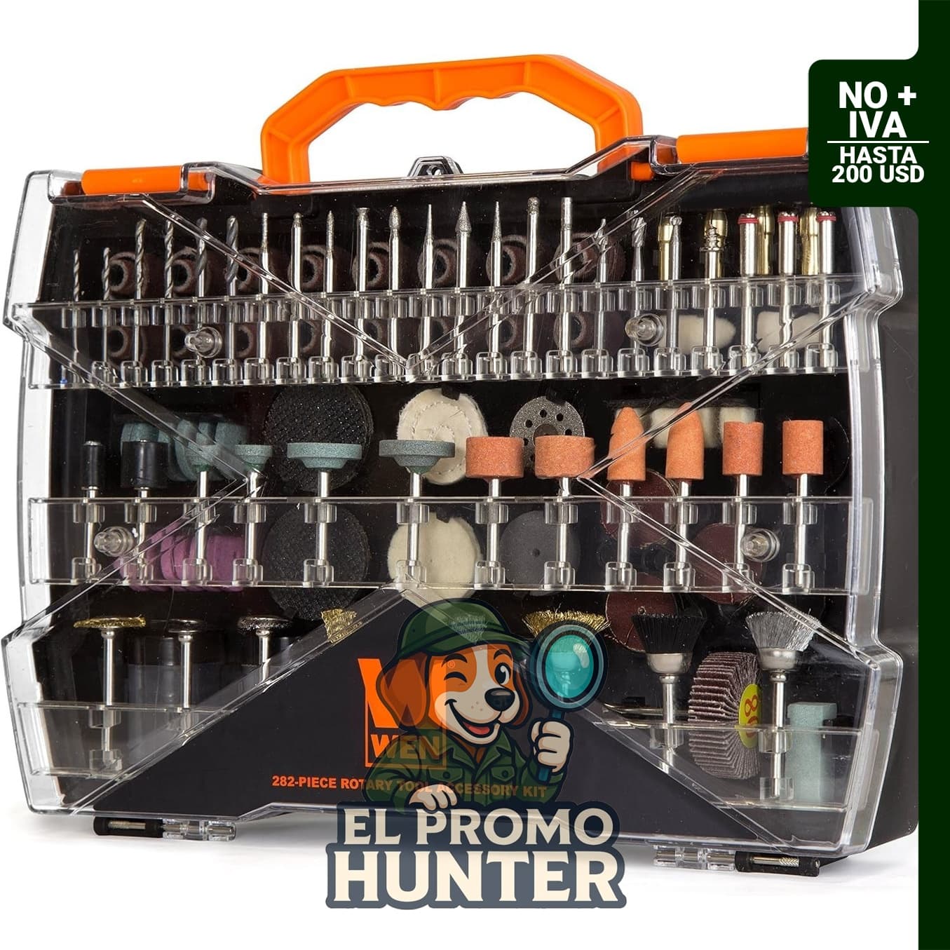 WEN 230282A Kit de accesorios para herramientas rotativas de 282 piezas con estuche de transporte.