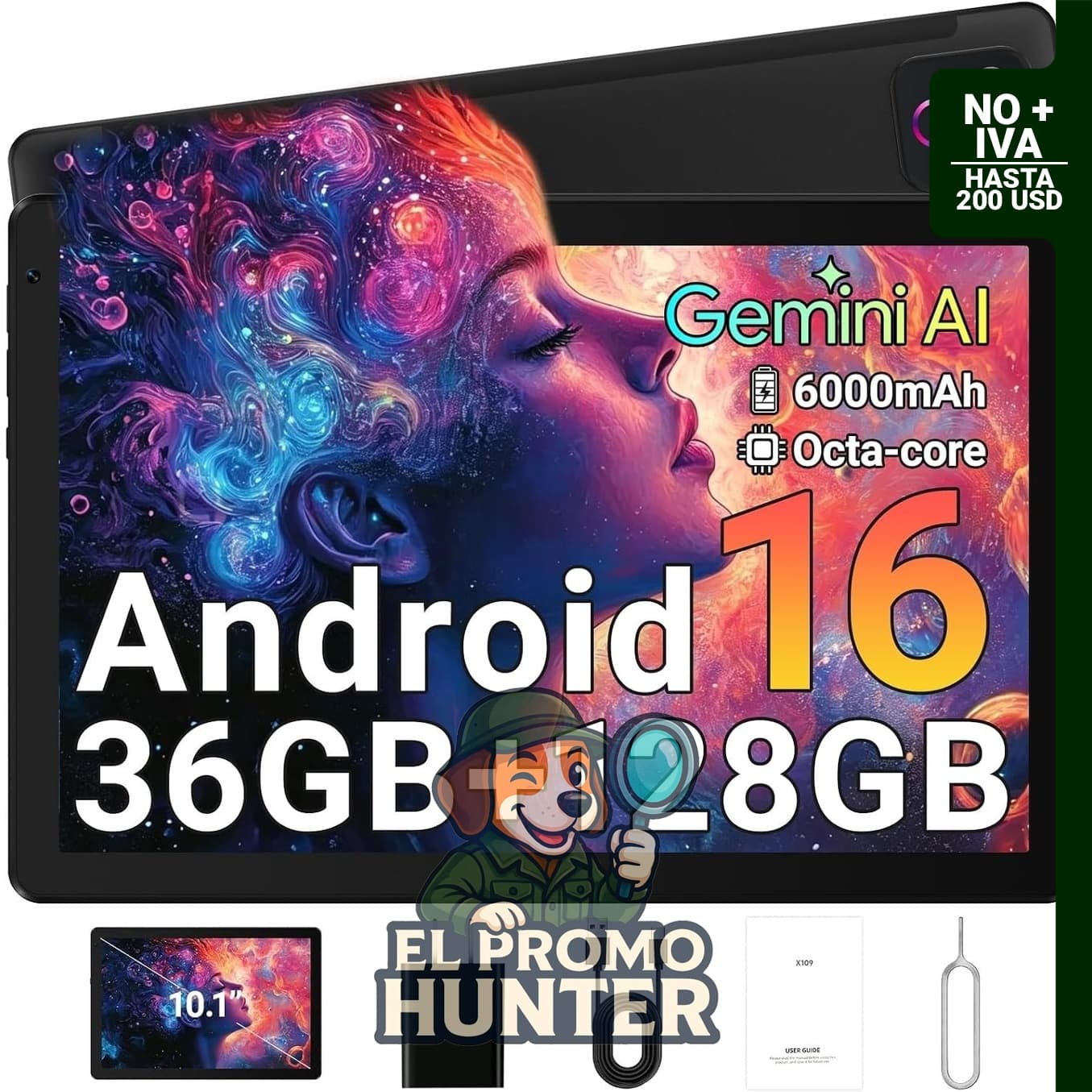 Gleeso Tableta Android 16, 10 pulgadas, 36GB RAM, 128GB ROM, 1TB TF, 8 núcleos, batería 6000mAh.