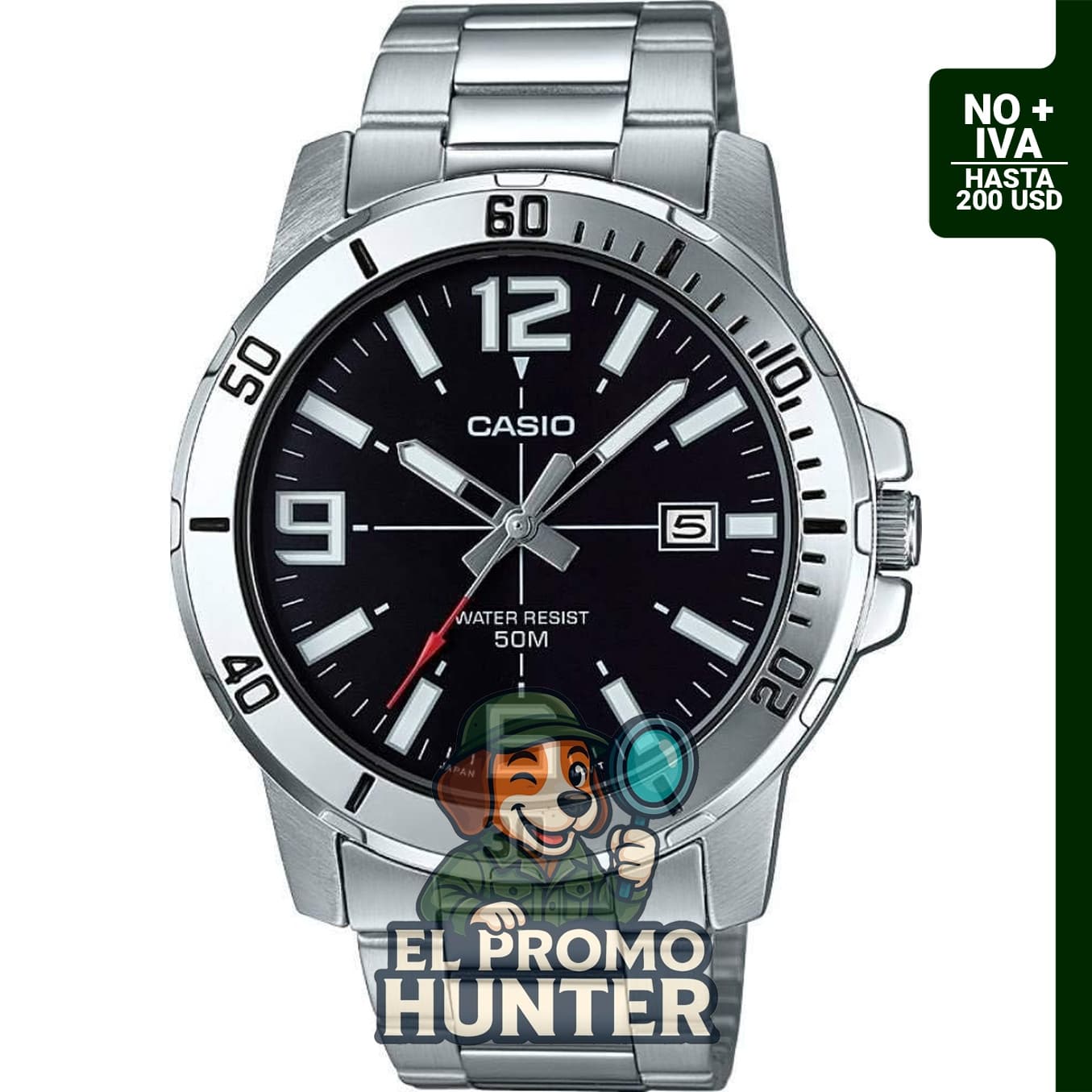 Casio MTP-VD01D-1BV - Reloj analógico deportivo para hombre, acero inoxidable, esfera negra, 48×42×10.7 mm.