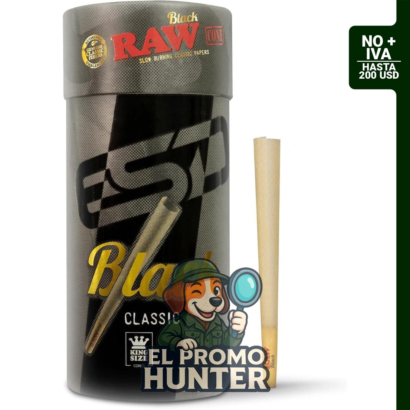 Conos RAW negros tamaño King, paquete de 100, preenrollados de combustión lenta, prensados extrafinos.