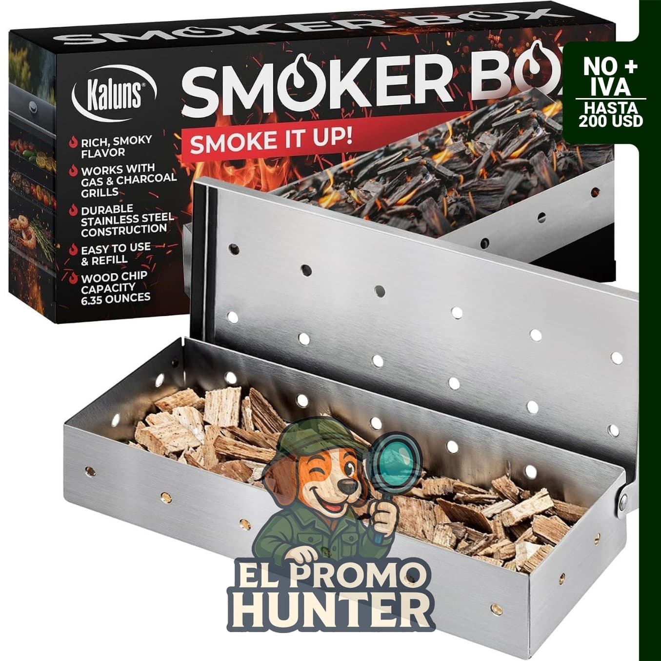 Kaluns Caja universal para ahumar de acero inoxidable, compatible con parrillas de gas o carbón.