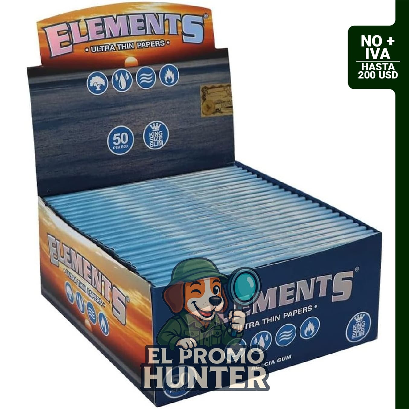 Papel de fumar de arroz ultra delgado King Size Slim de Elements, caja con 50 paquetes.