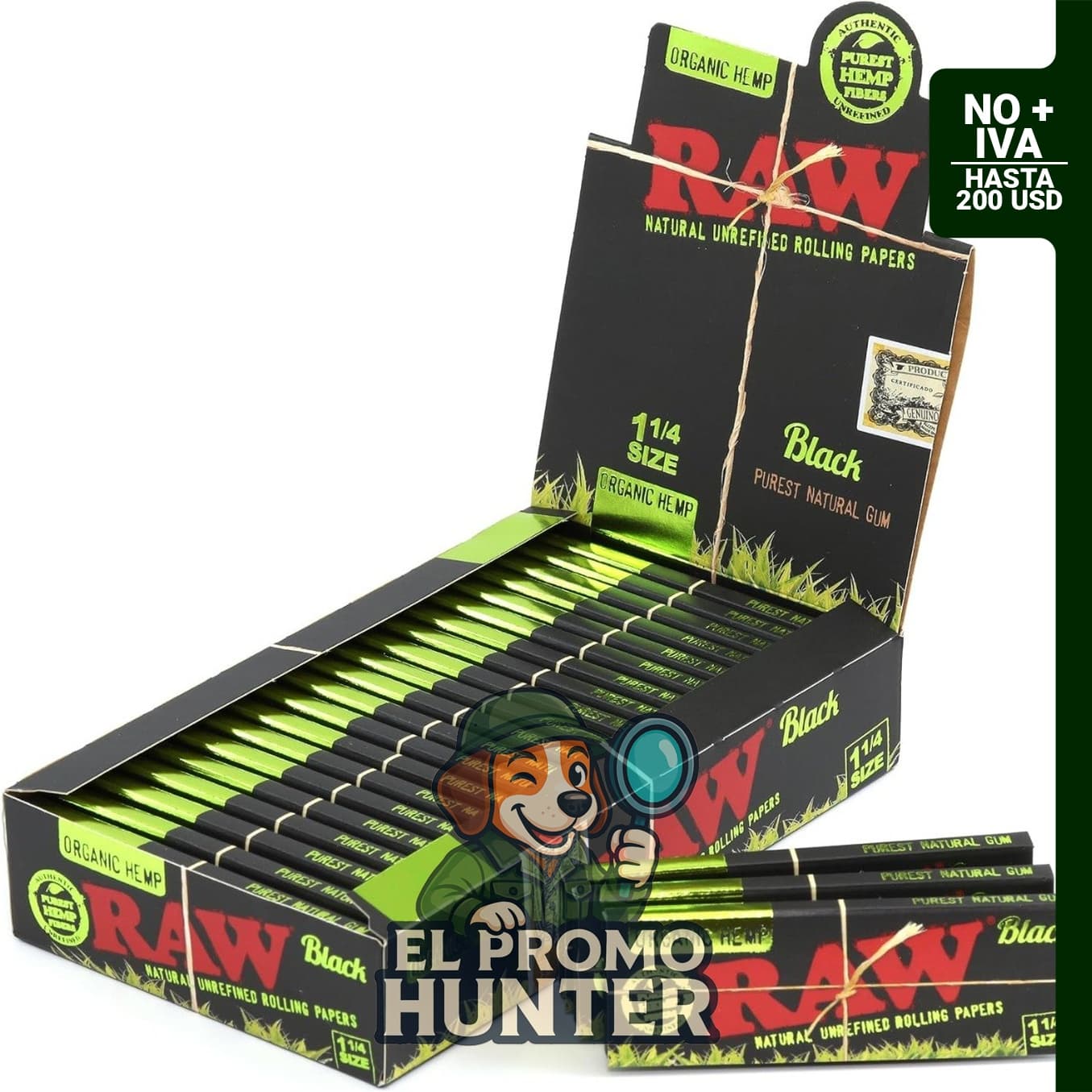 RAW Black Organic tamaño 1 1/4 (3.071 in) papel de liar – 1200 papeles
