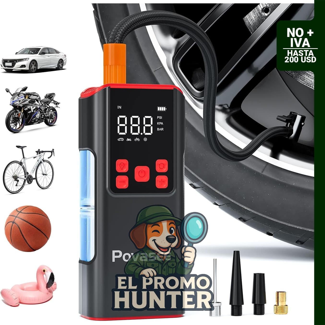 Inflador de neumáticos portátil Povasee 150PSI con pantalla LCD y linterna.