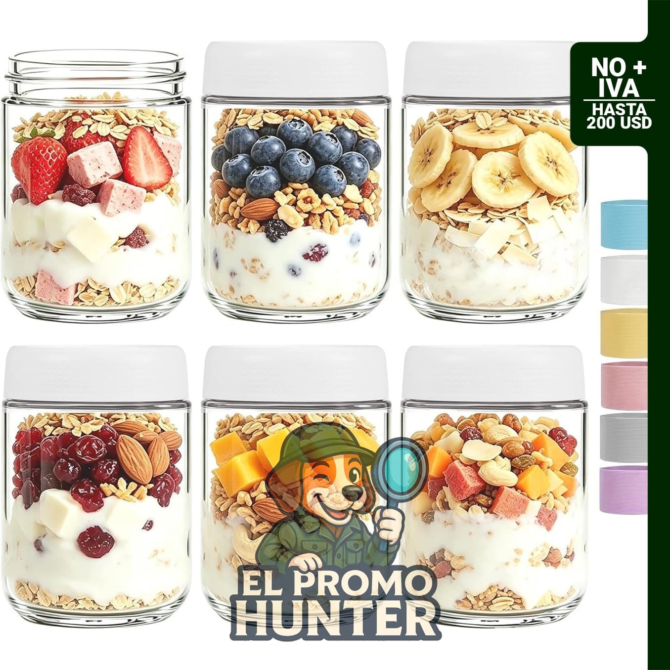 Recipientes de vidrio de 16 oz (paquete de 6) con tapas herméticas y fundas de silicona.