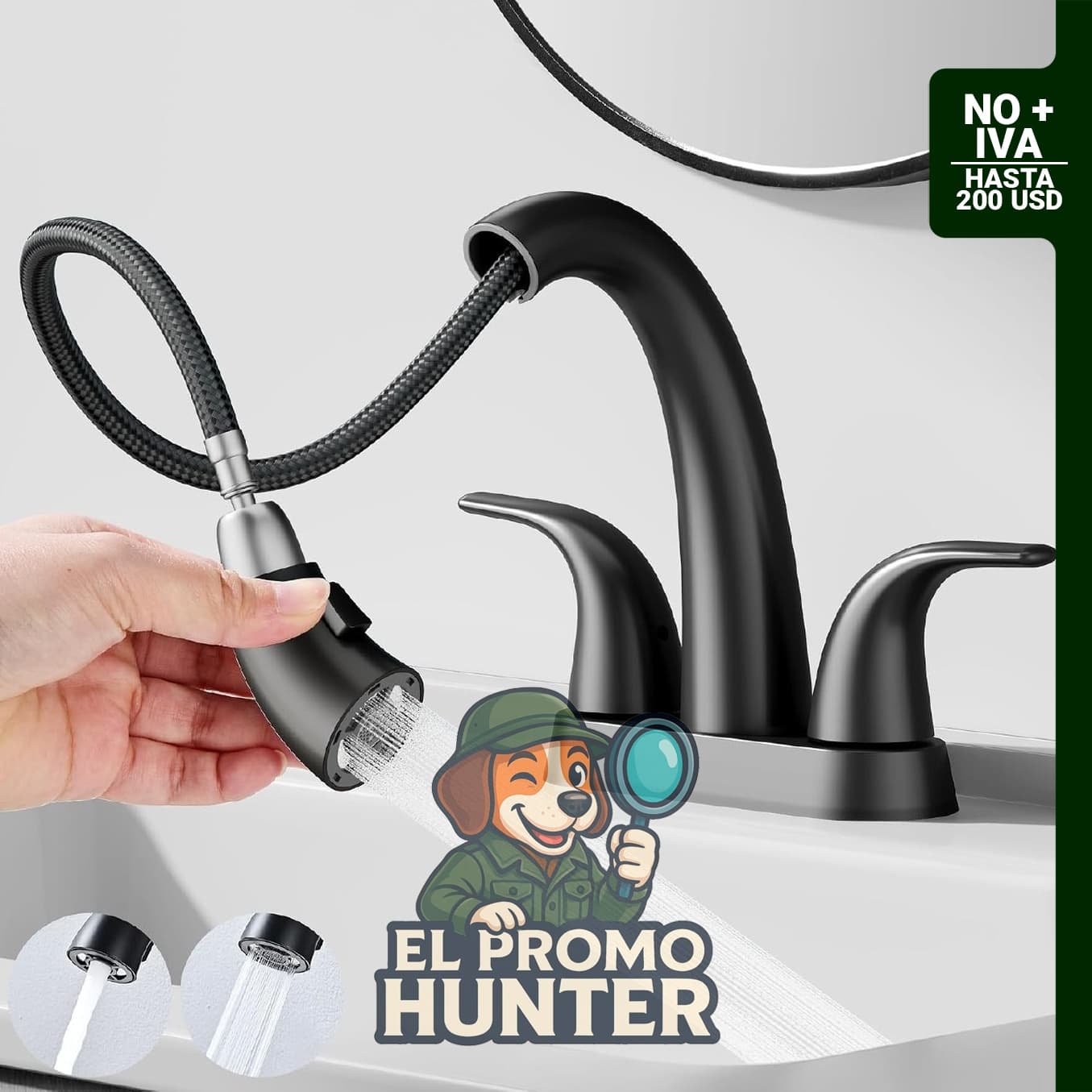 Grifo de lavabo de baño negro mate, 4 pulgadas, 3 agujeros, con drenaje emergente y rociador extraíble.