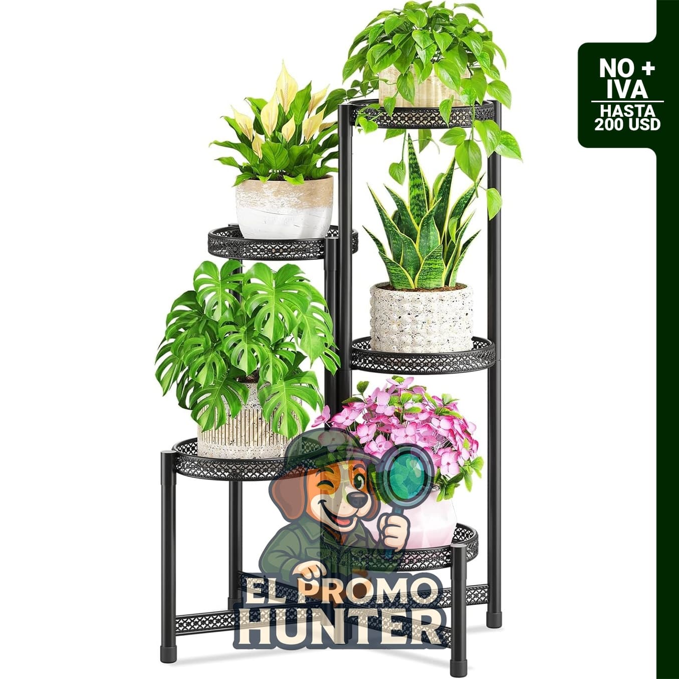 LASZOLA Soporte alto plegable para plantas de 5 niveles, estante ajustable de metal para macetas grandes.