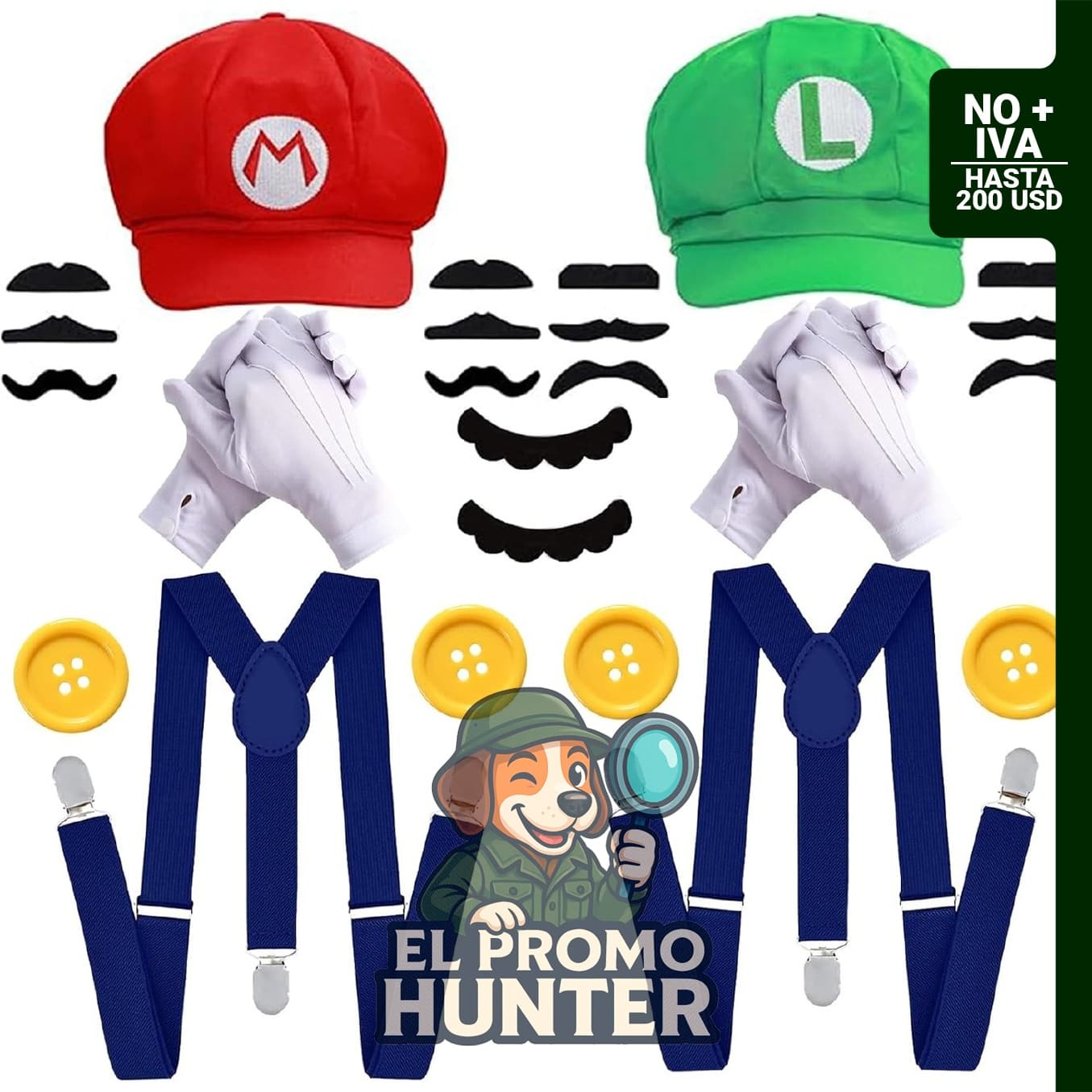 Conjunto de disfraz de sombrero con accesorios de cosplay para Halloween, incluye guantes, tirantes, botones y bigotes.