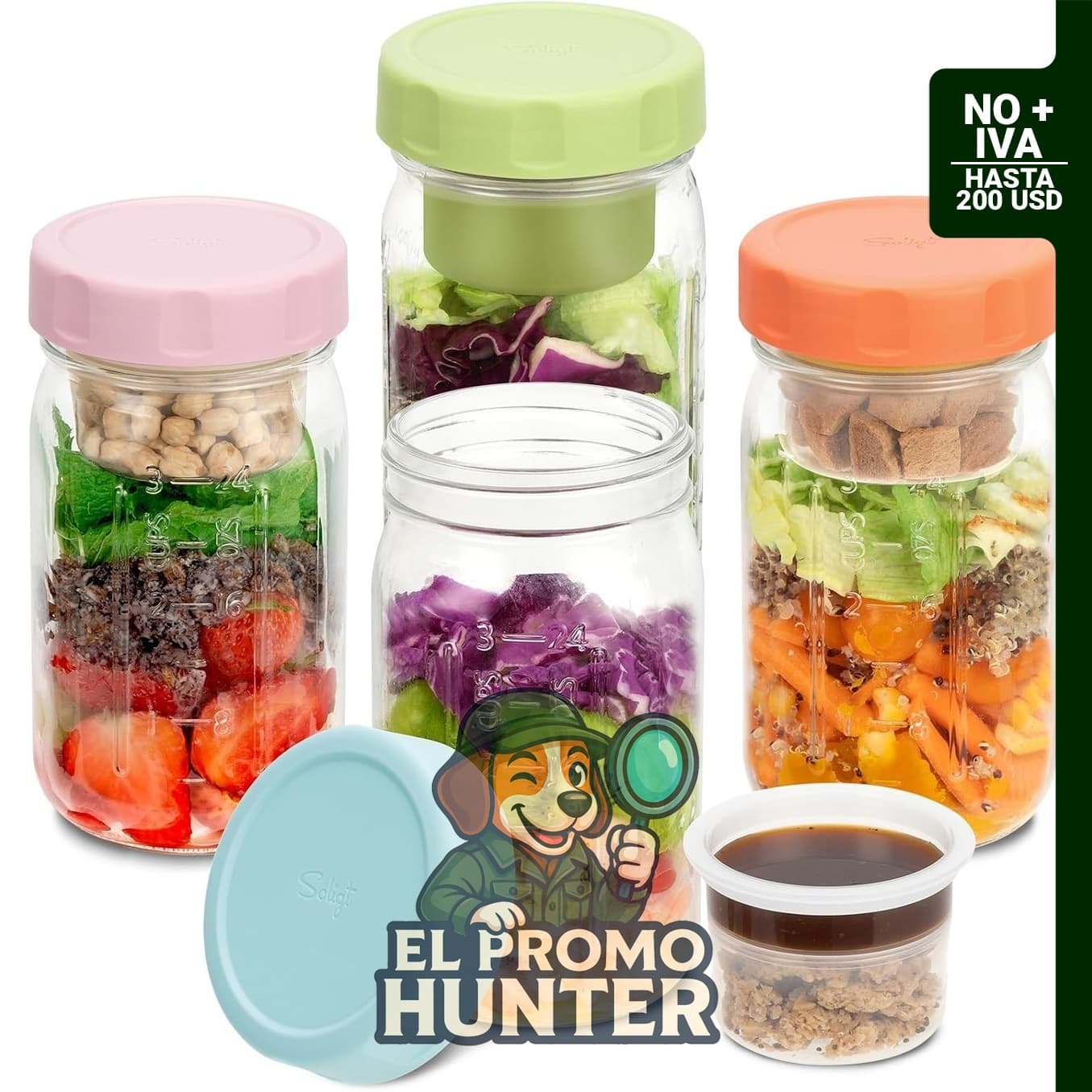Paquete de 4 tarros de ensalada de vidrio con tapas.