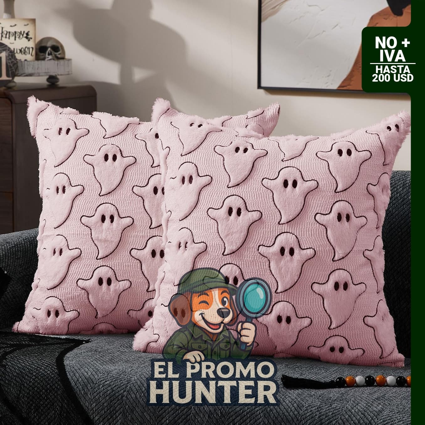 DFXSZ PTK056D18 - Juego de 2 fundas de almohada de Halloween de 45.7 x 45.7 cm, diseño de ojos negros y fantasmas rosas, felpa suave de lana sintética.