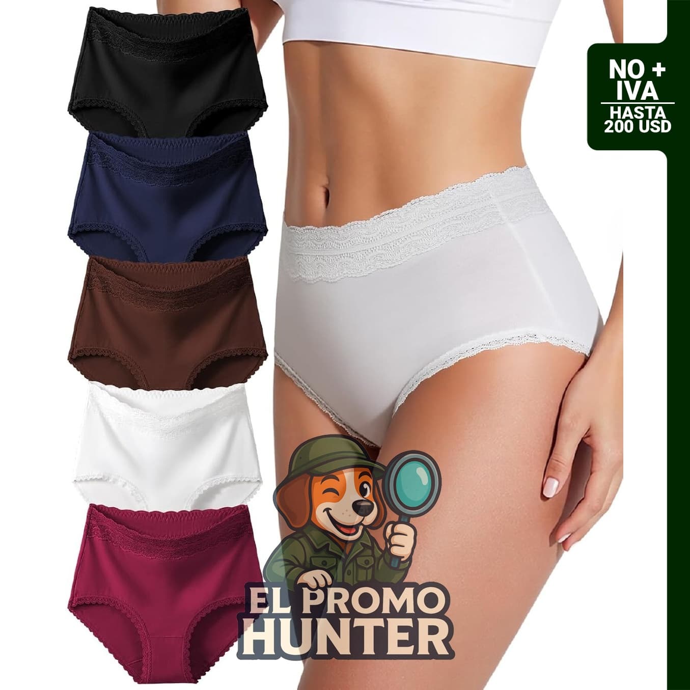 Ropa interior de algodón para mujer, con encaje, elástico y de cintura alta, paquete de 5 unidades.