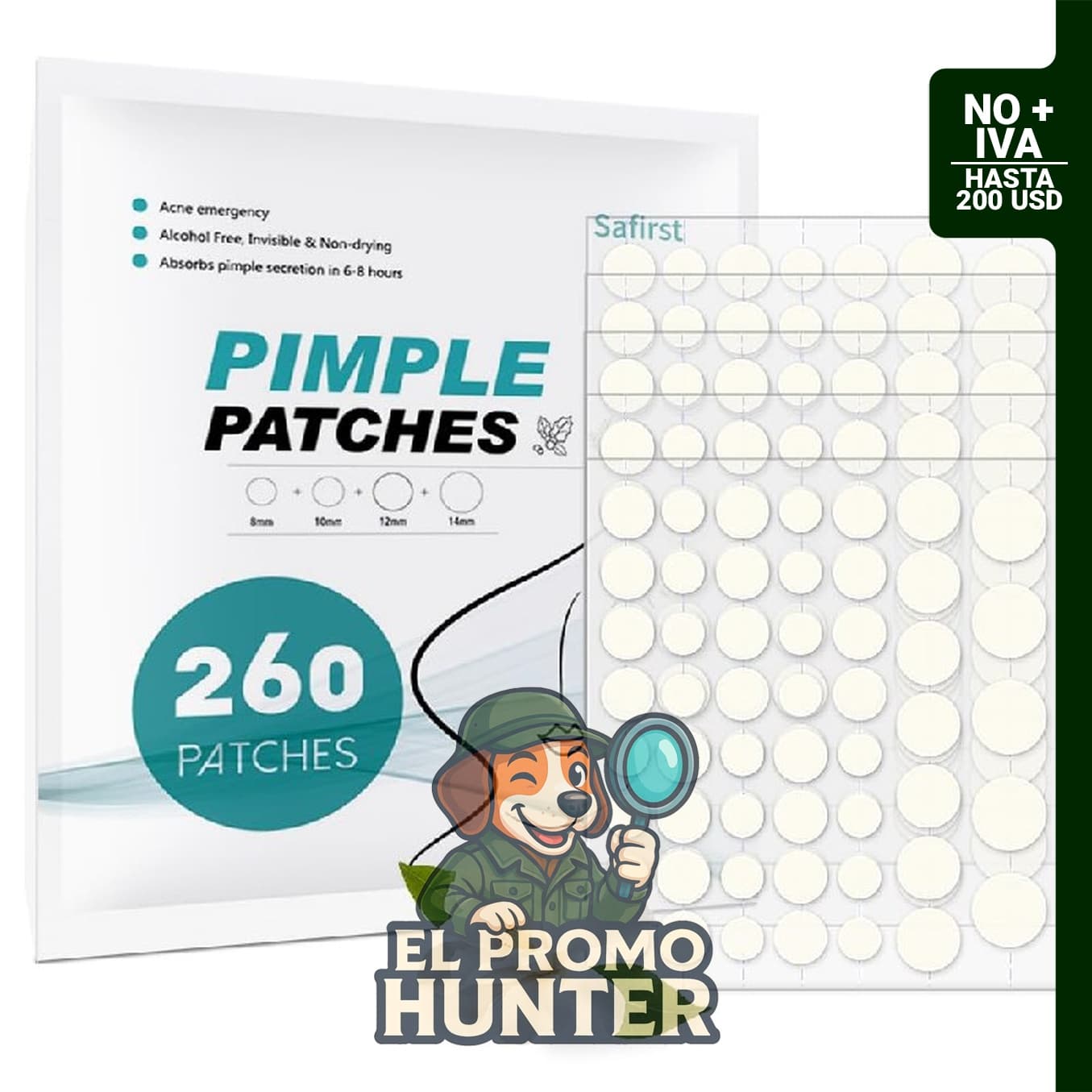 Parches hidrocoloides para acné, 260 unidades en 4 tamaños.